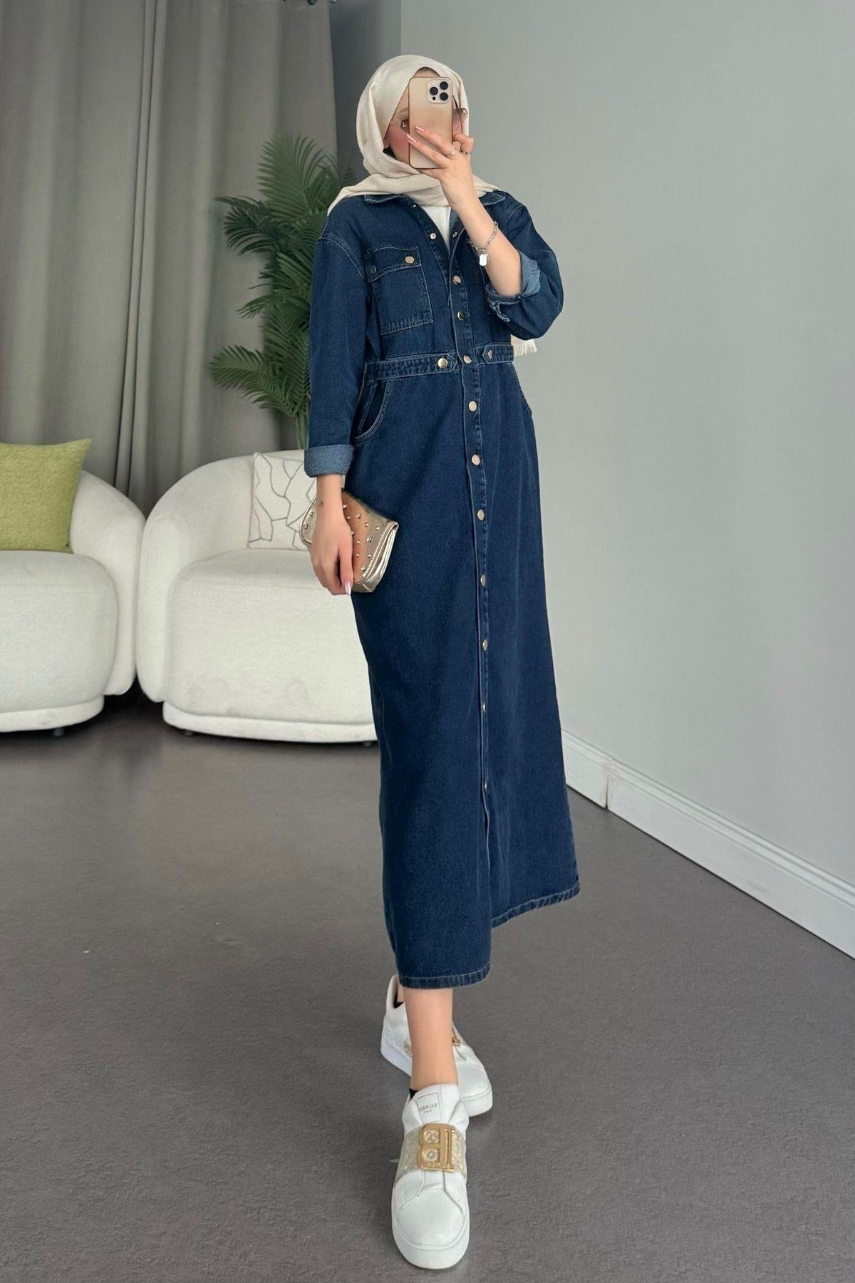 Cıtcıtlı Kot Elbise Koyu Mavi, Fiyatları Haza Moda | Tesettür Giyim | Cıtcıtlı Kot Elbise Koyumavi