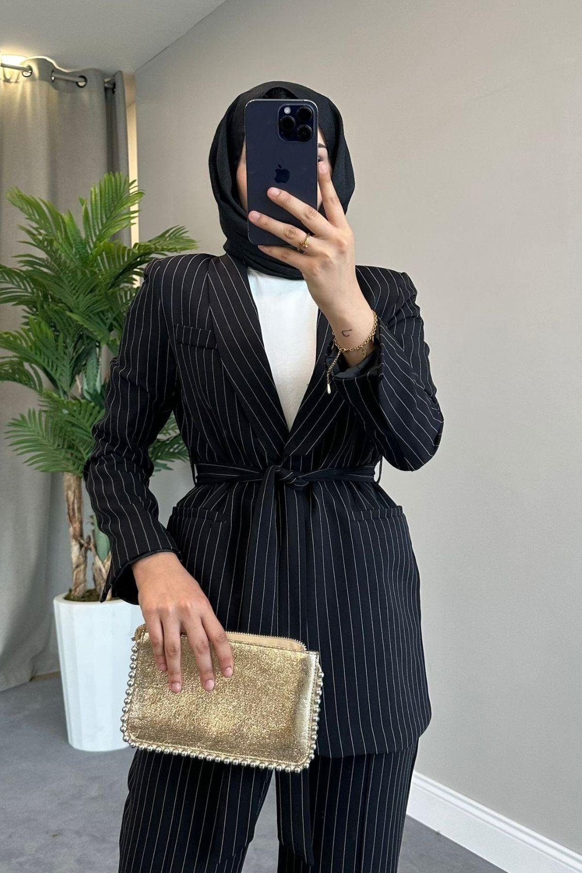 Çizgili Kemerli Palazzo Takım Siyah, Fiyatları Kemerli Palazzo Takım Siyah – Haza Moda | Tesettür Giyim