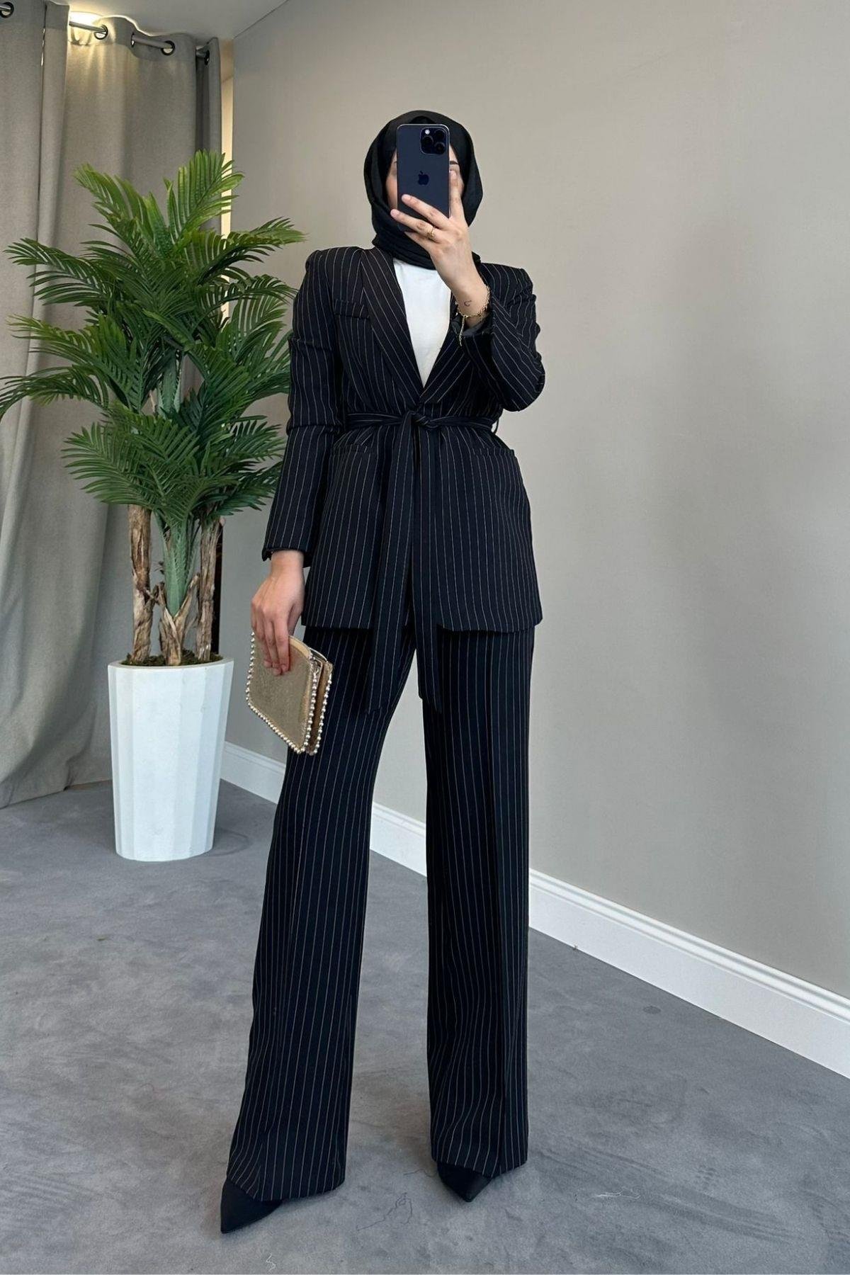 Çizgili Kemerli Palazzo Takım Siyah, Fiyatları Kemerli Palazzo Takım Siyah – Haza Moda | Tesettür Giyim