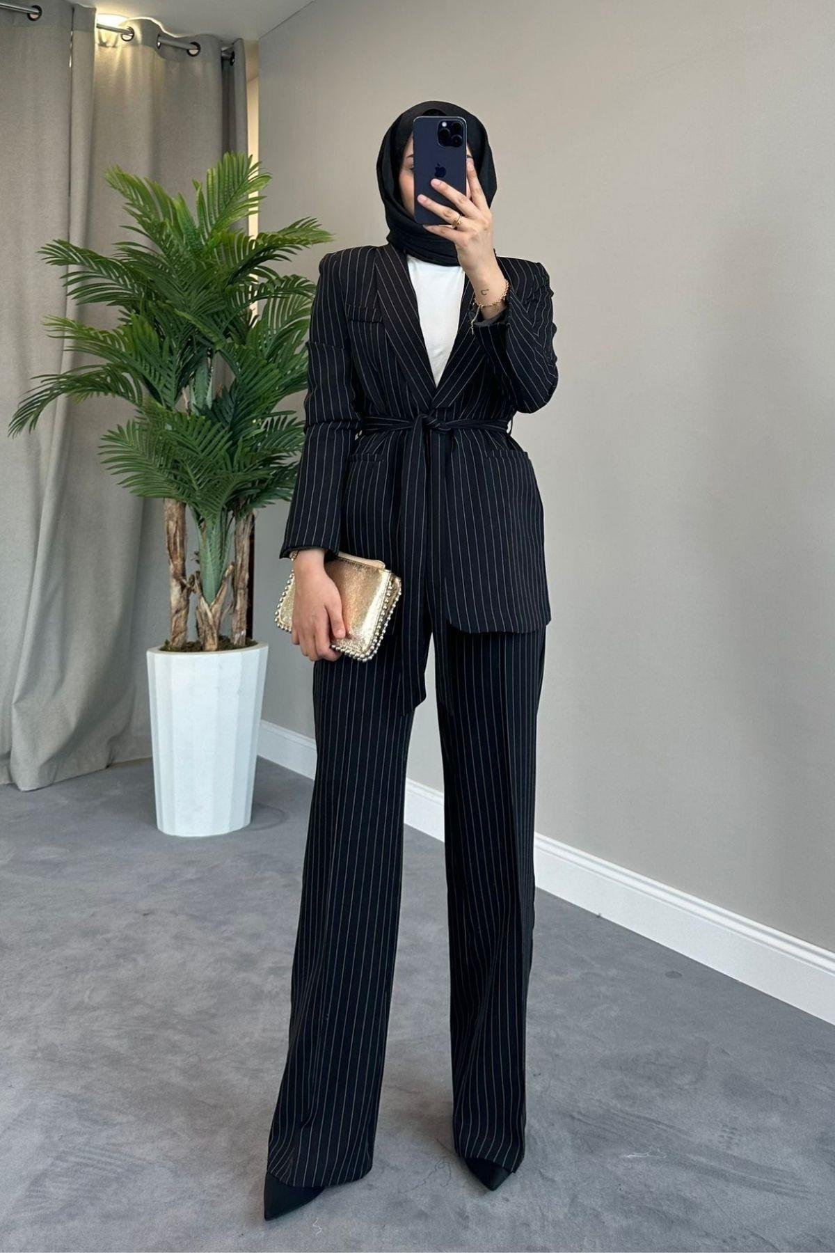 Çizgili Kemerli Palazzo Takım Siyah, Fiyatları Kemerli Palazzo Takım Siyah – Haza Moda | Tesettür Giyim