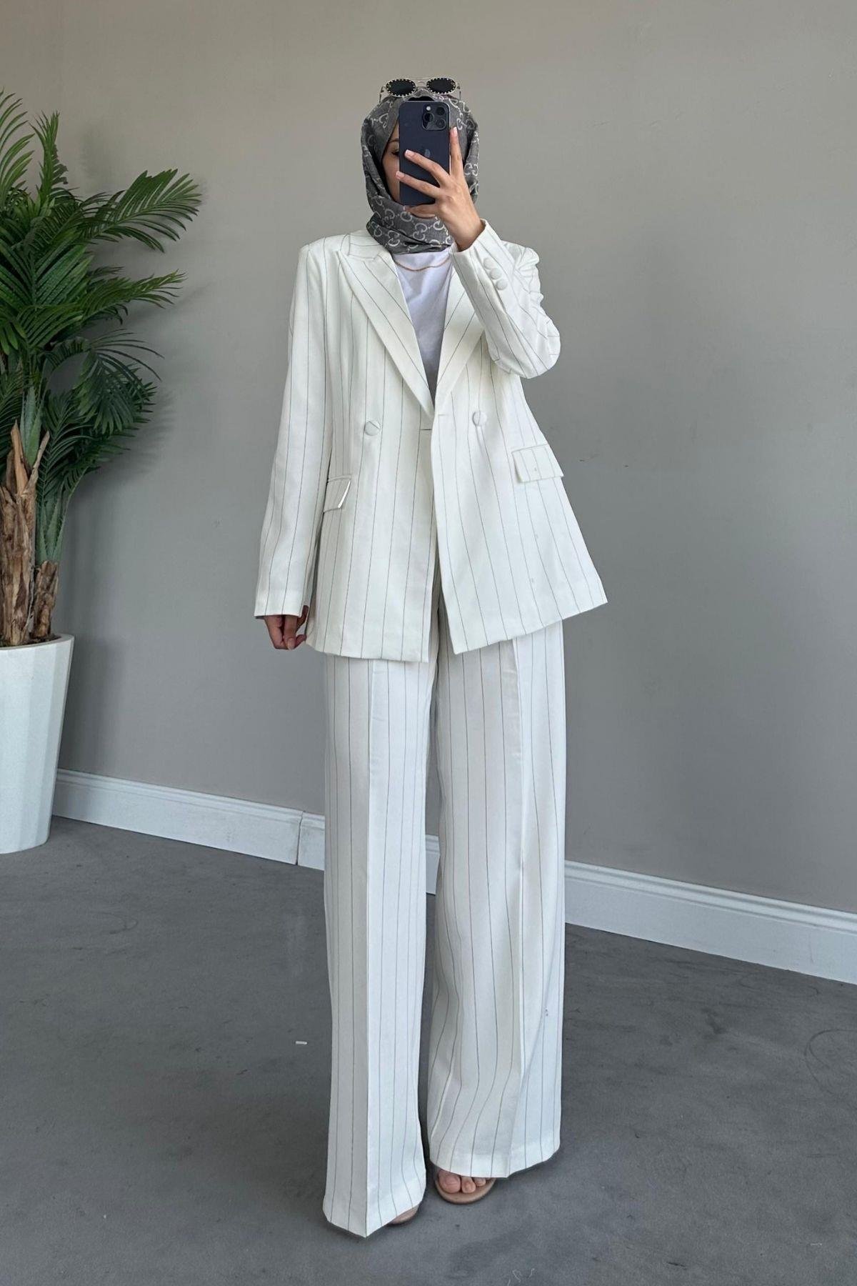 Çizgili Palazzo Takım Beyaz, Fiyatları 