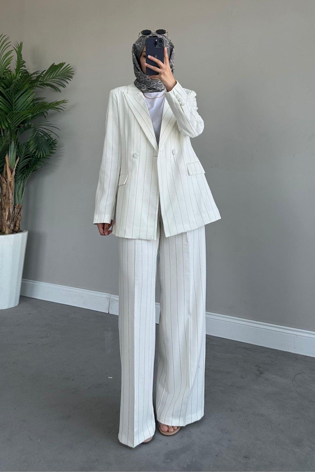 Çizgili Palazzo Takım Beyaz, Fiyatları 