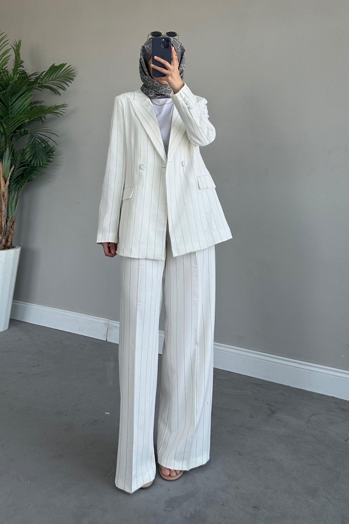 Çizgili Palazzo Takım Beyaz, Fiyatları 