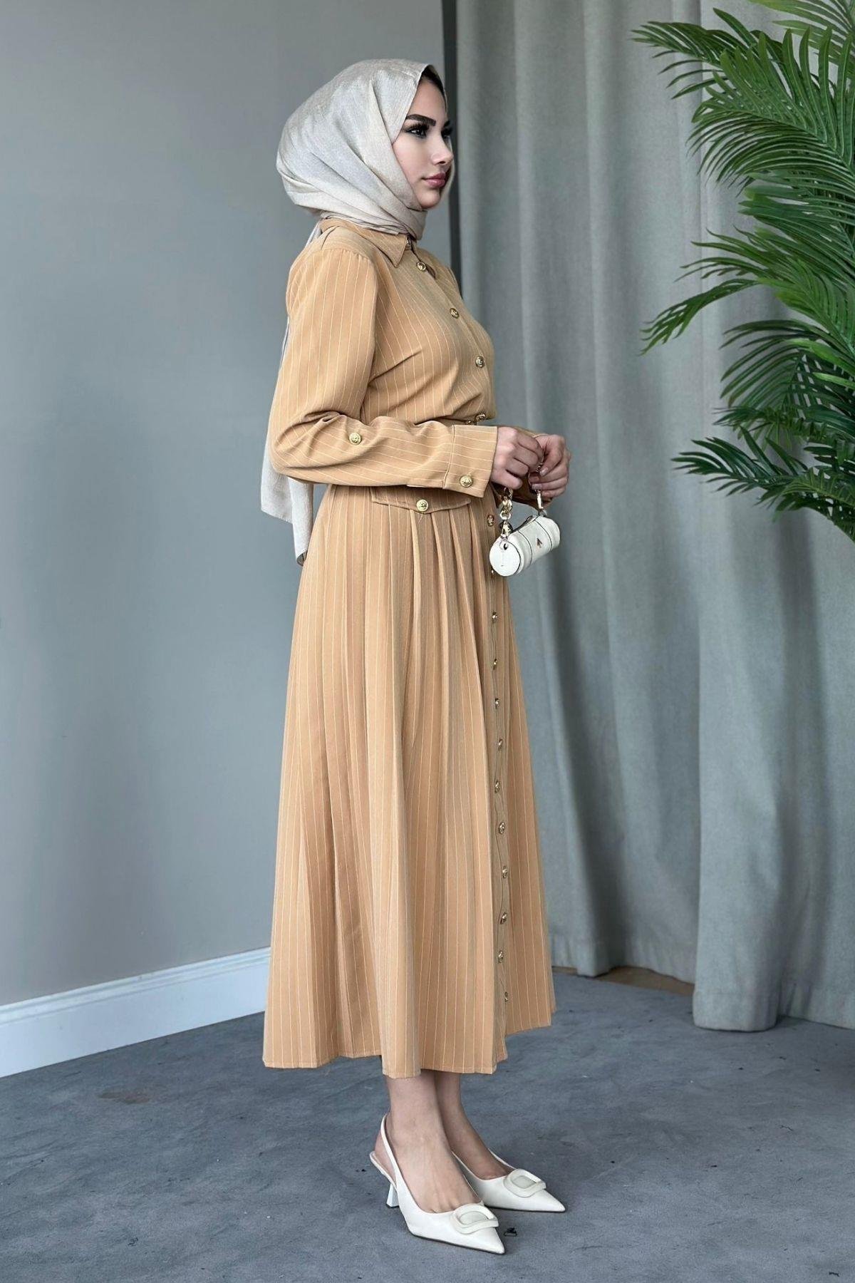 Çizgili Paris Elbise Camel, Fiyatları 