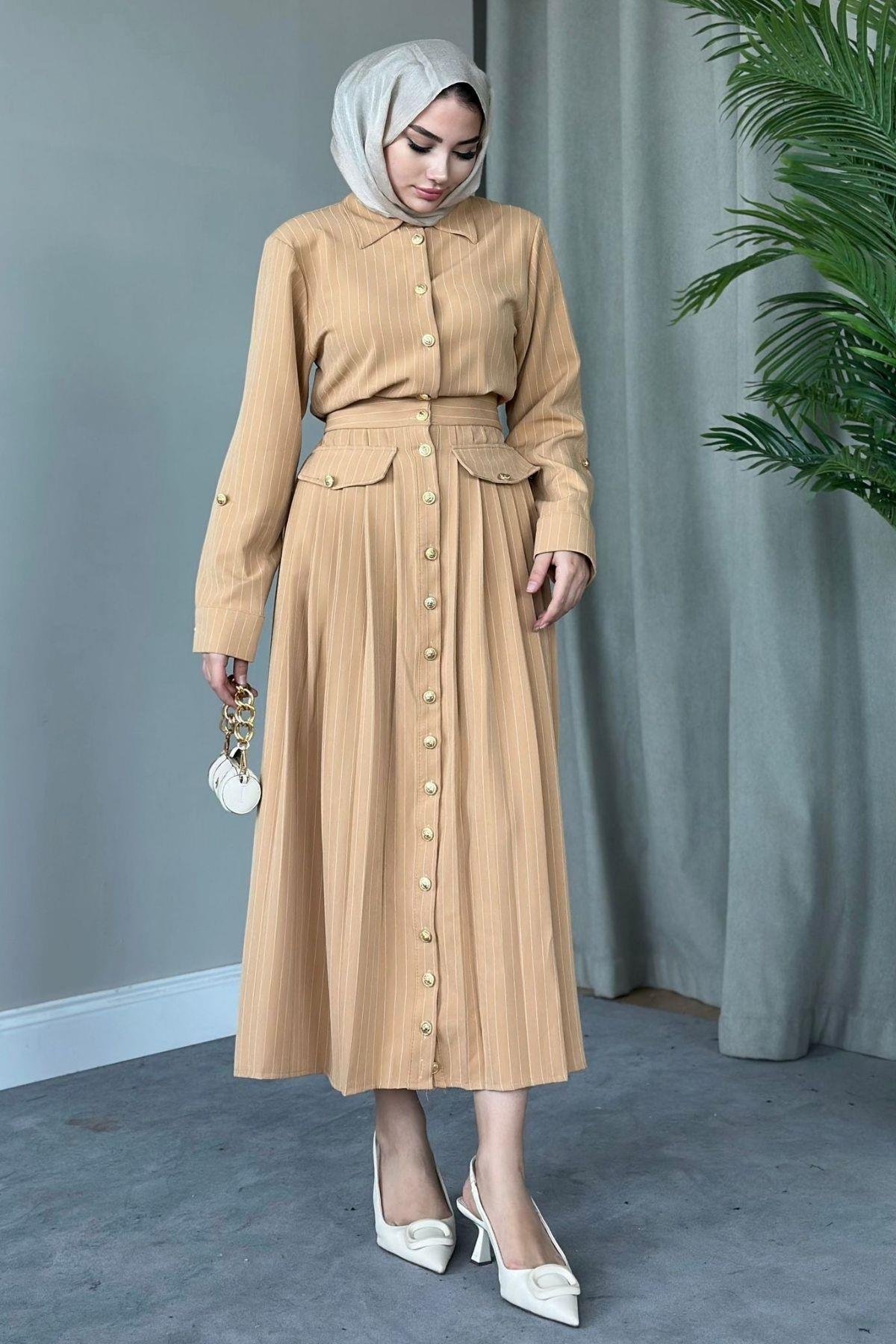 Çizgili Paris Elbise Camel, Fiyatları 