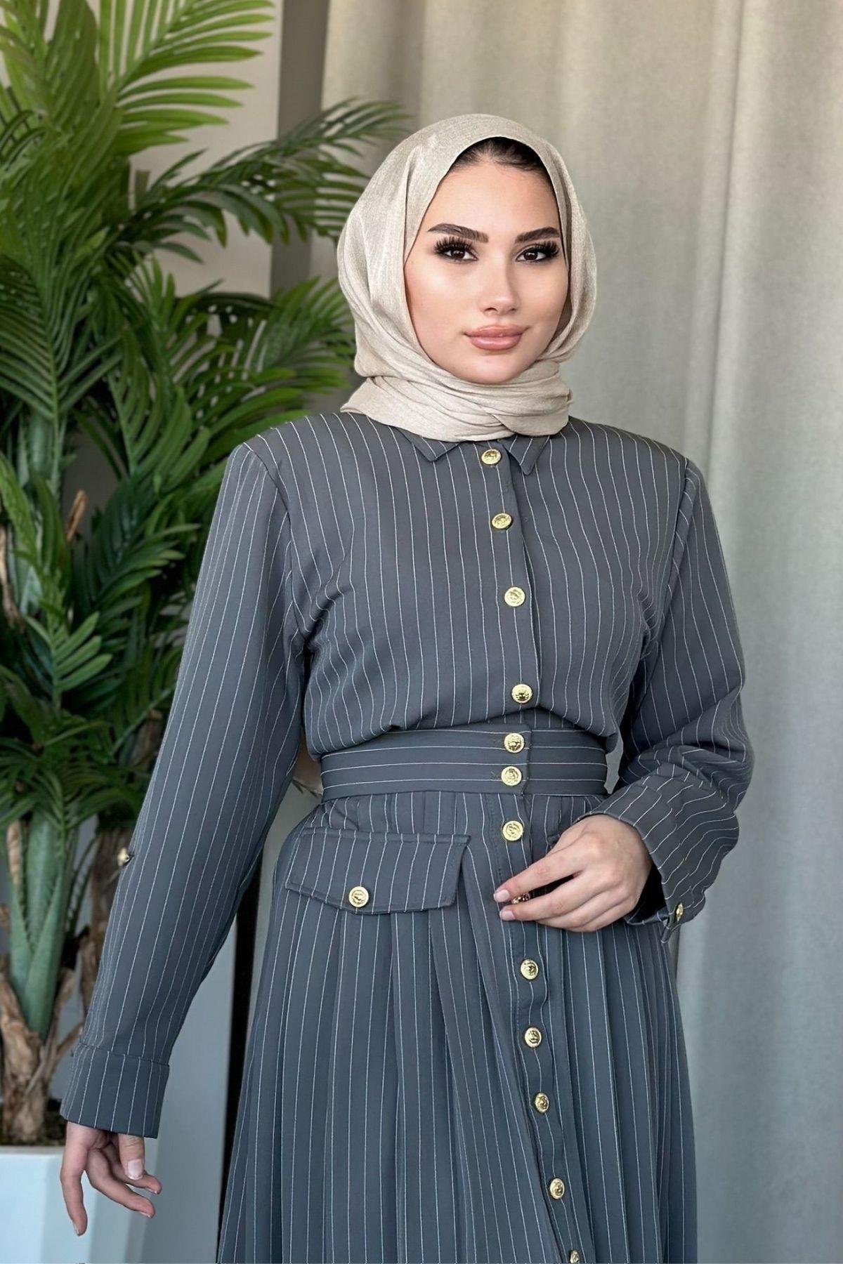 Çizgili Paris Elbise Gri, Fiyatları Haza Moda | Tesettür Giyim | Çizgili Paris Elbise Gri