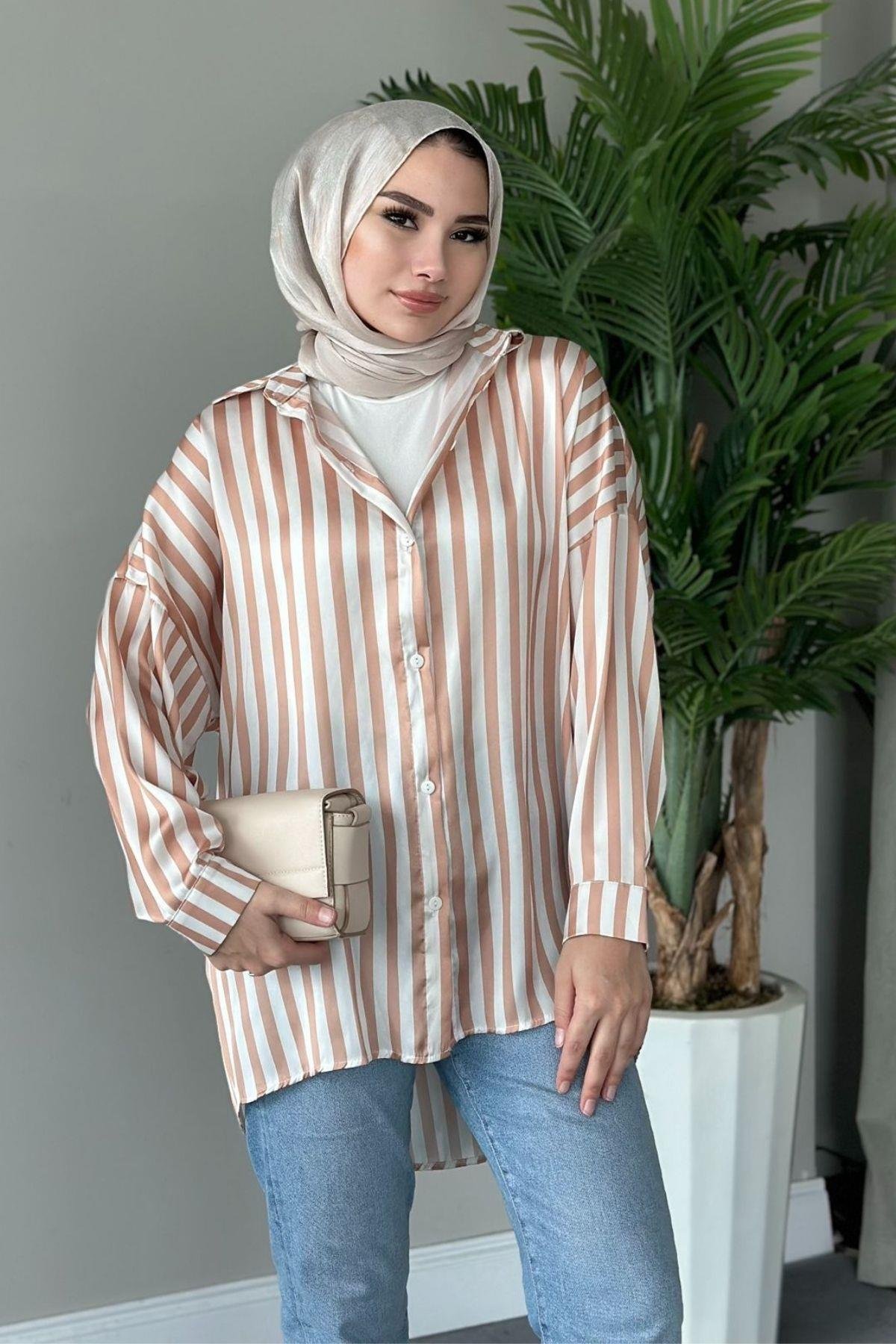 Çizgili Saten Gömlek Bej, Fiyatları 