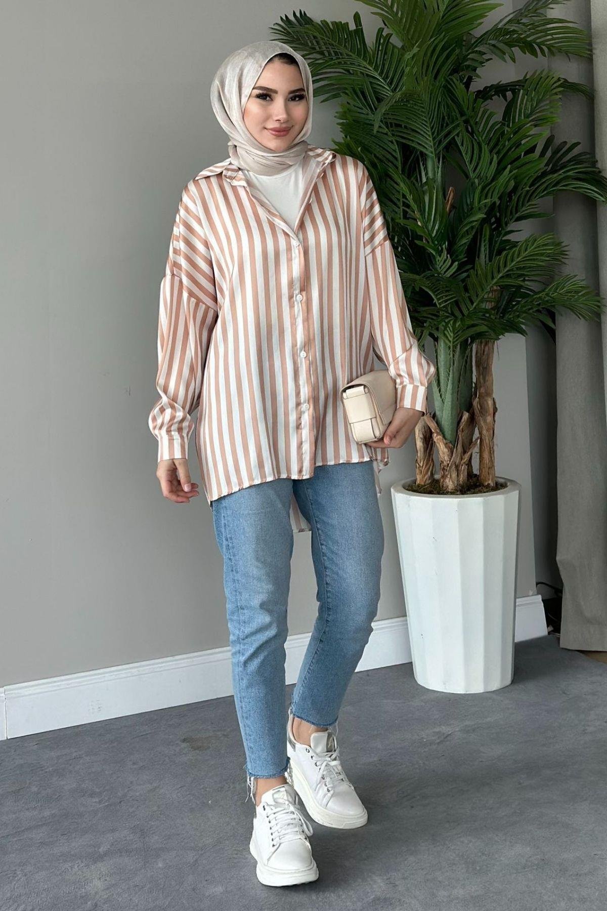 Çizgili Saten Gömlek Bej, Fiyatları 