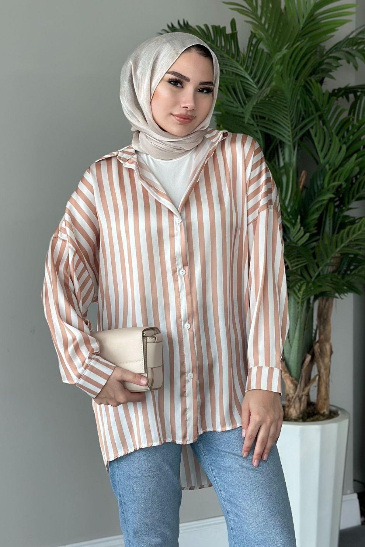 Çizgili Saten Gömlek Bej, Fiyatları 