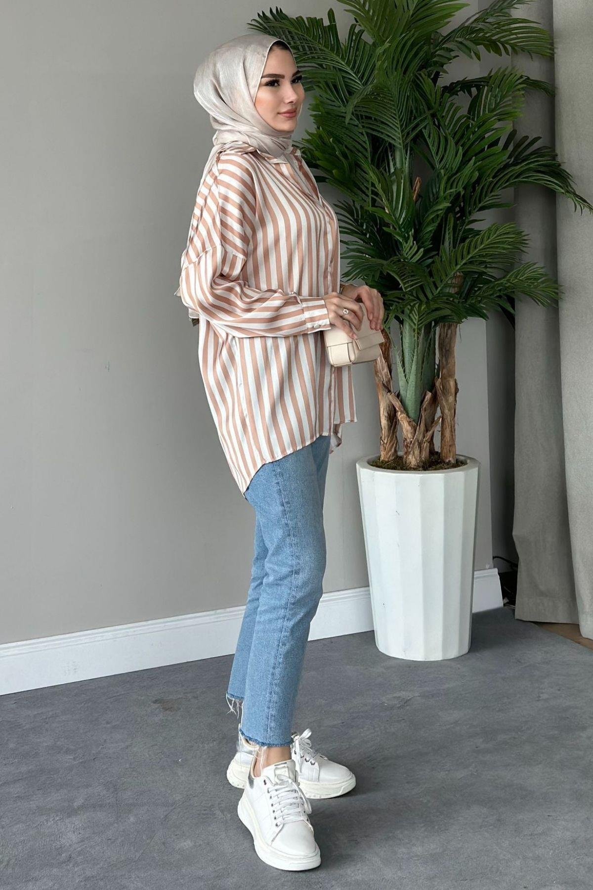 Çizgili Saten Gömlek Bej, Fiyatları 