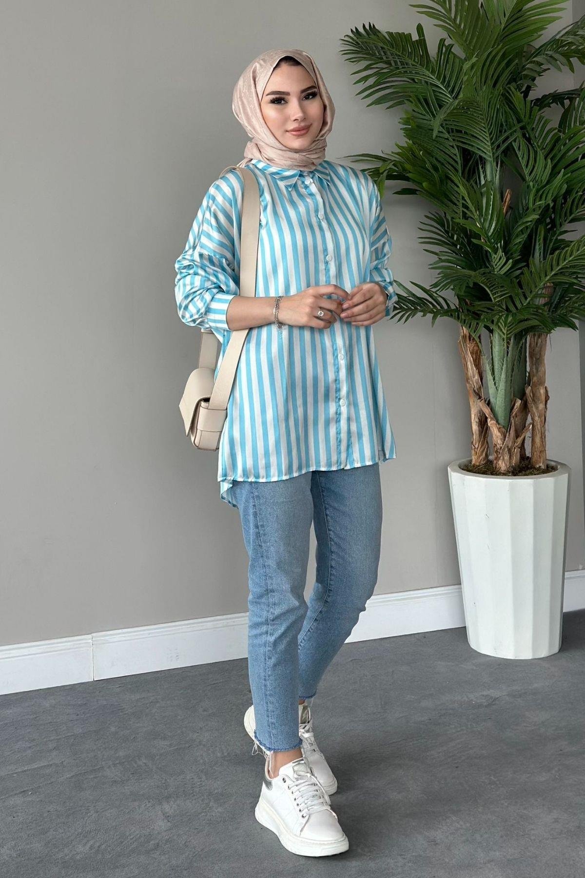 Çizgili Saten Gömlek Mavi, Fiyatları 