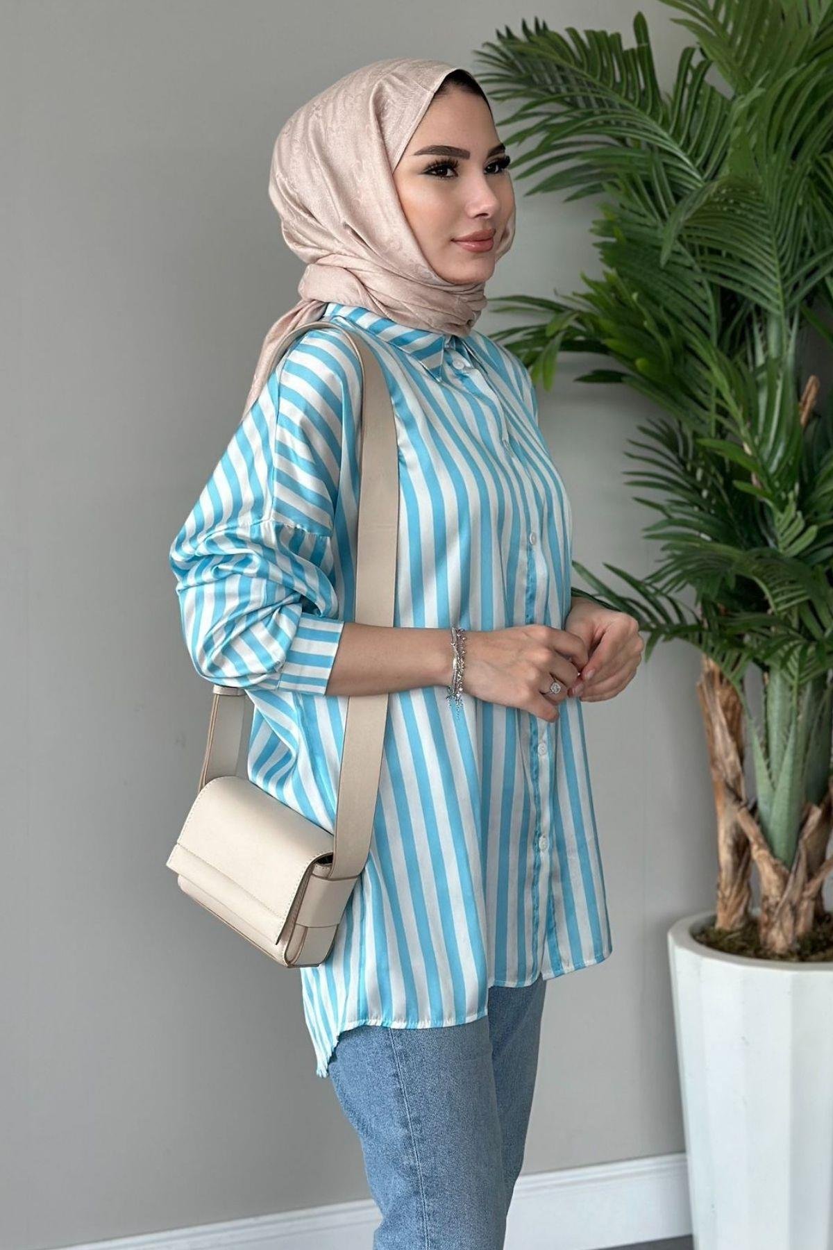 Çizgili Saten Gömlek Mavi, Fiyatları 