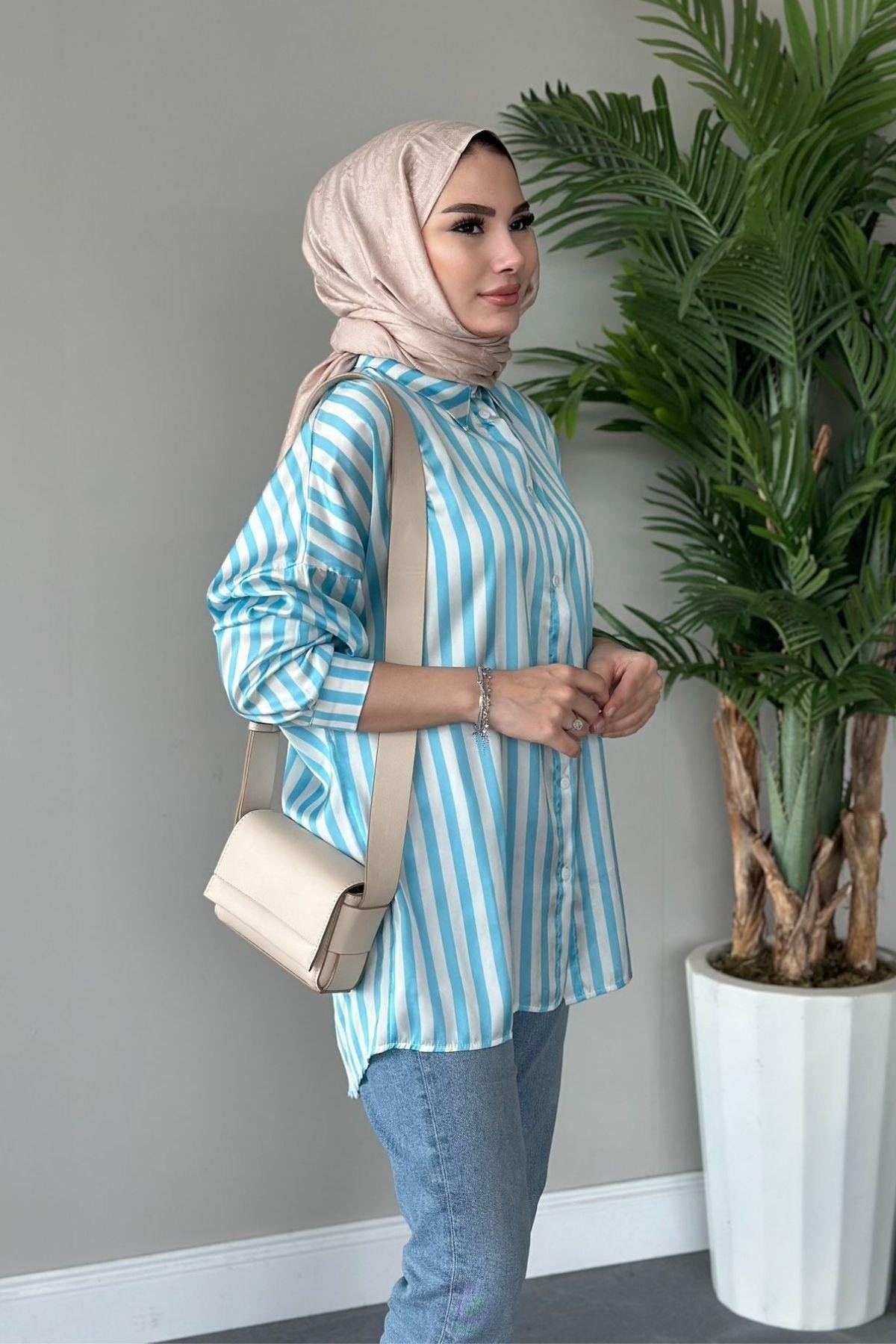 Çizgili Saten Gömlek Mavi, Fiyatları 