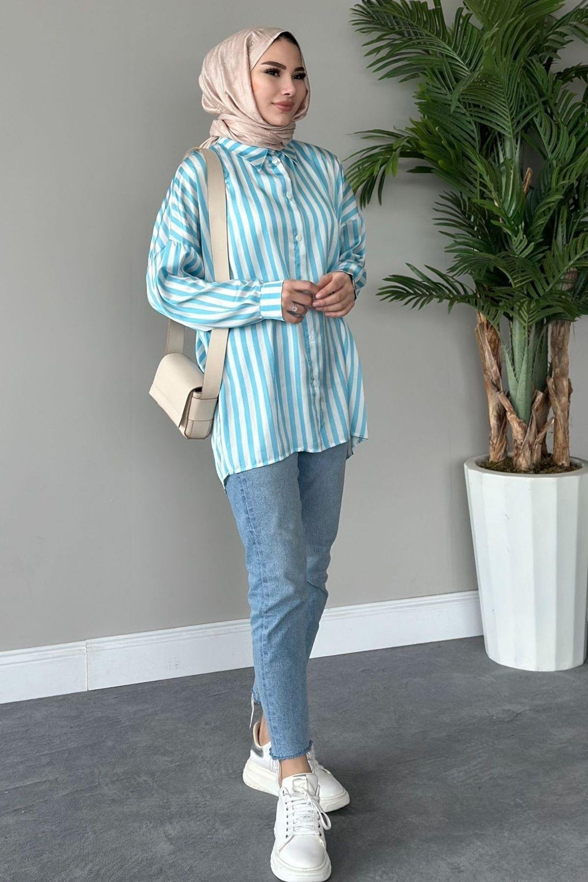 Çizgili Saten Gömlek Mavi, Fiyatları 