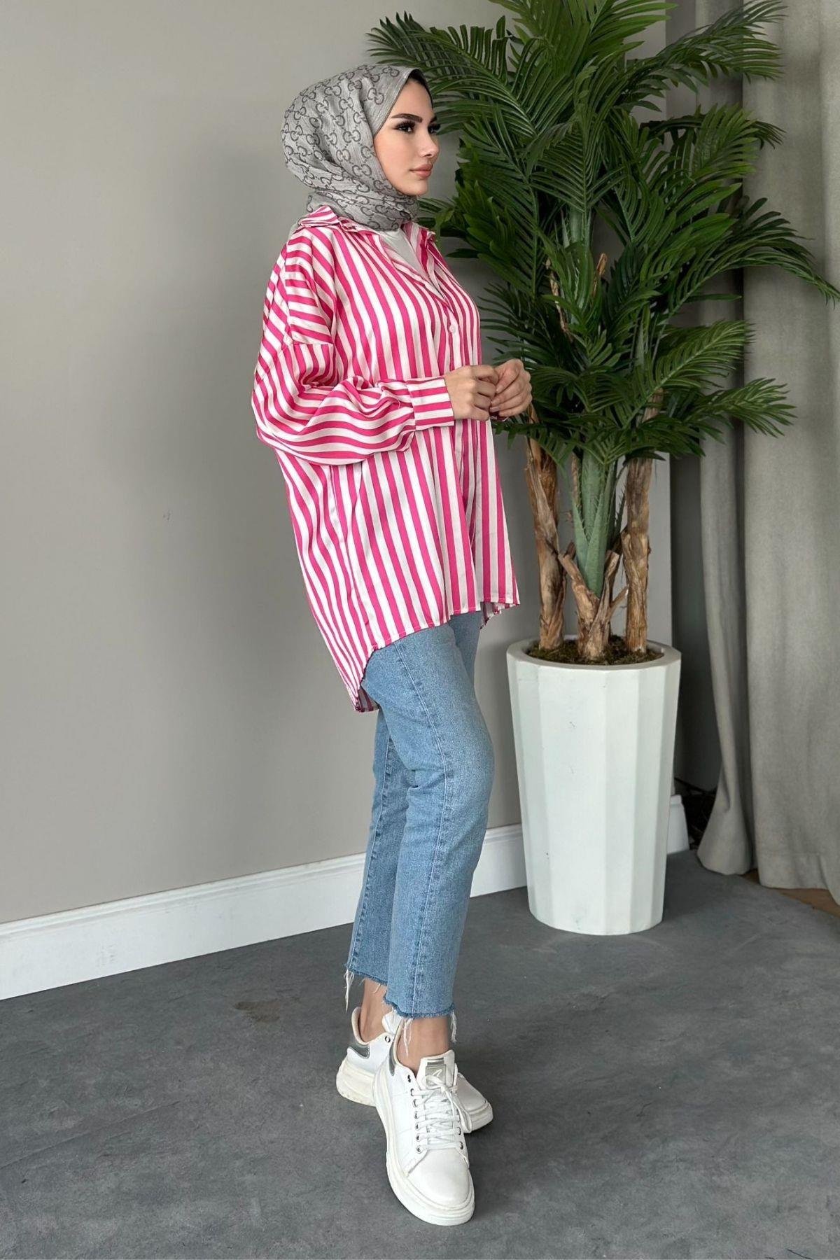 Çizgili Saten Gömlek Pembe, Fiyatları 