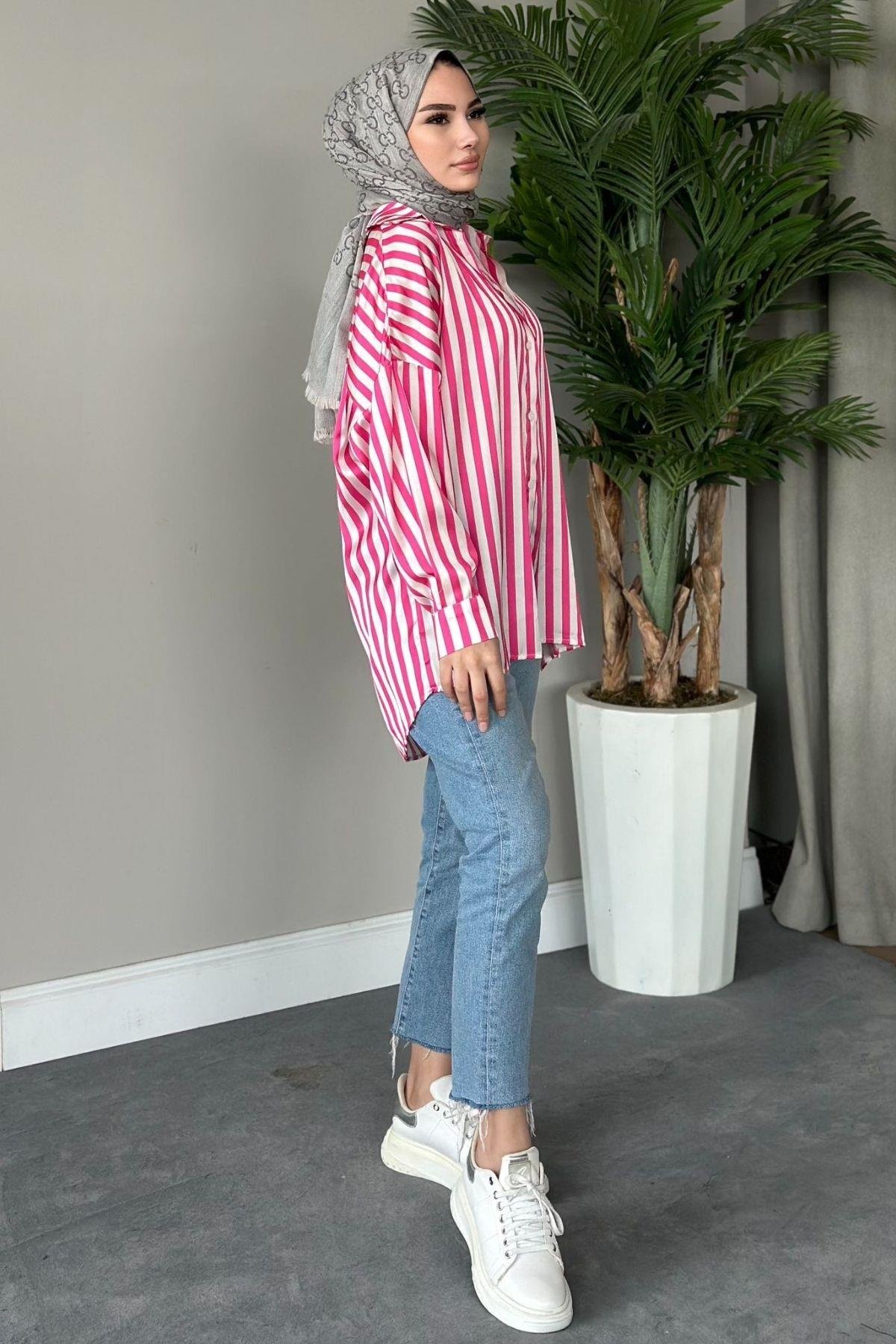 Çizgili Saten Gömlek Pembe, Fiyatları 