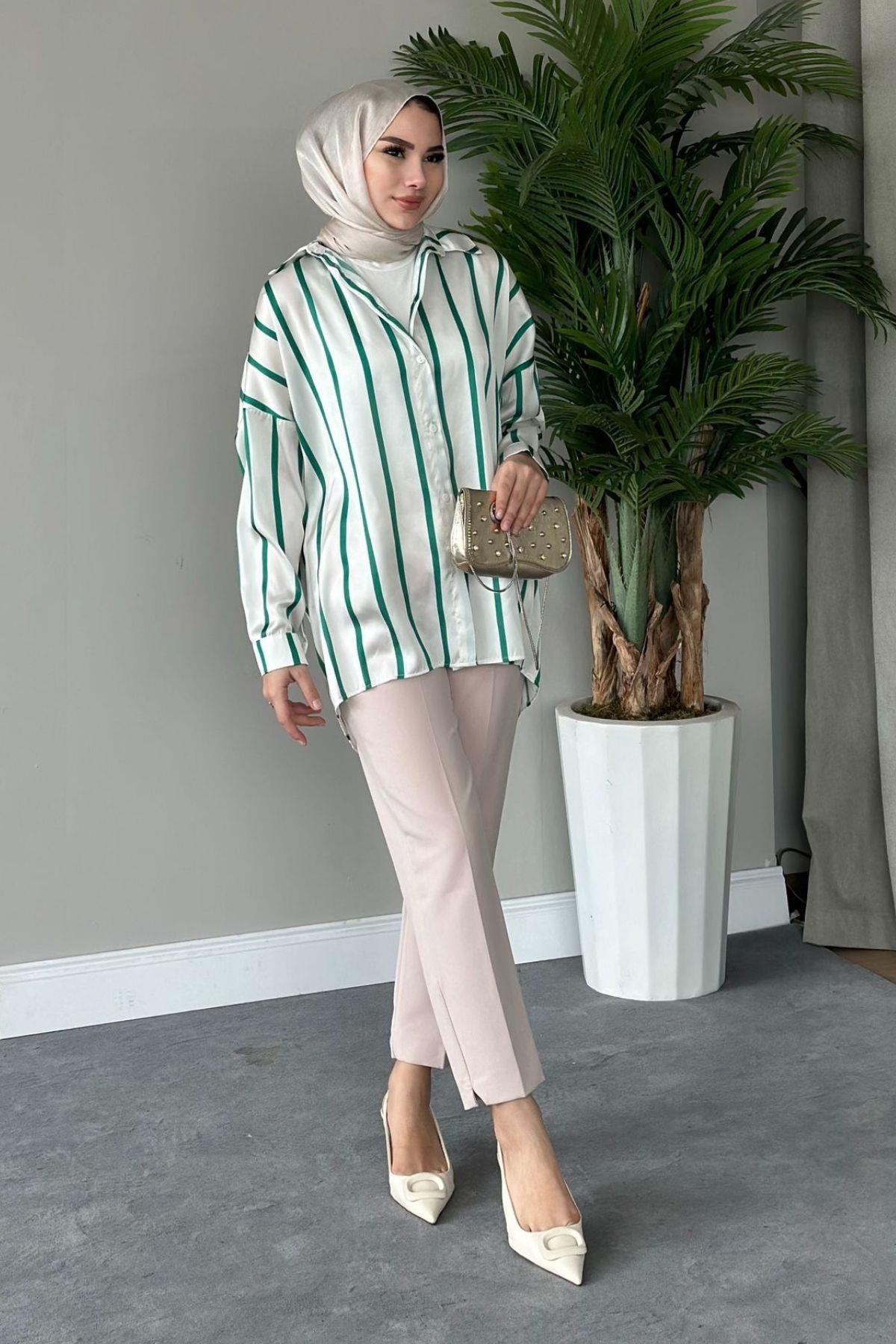 Çizgili Saten Gömlek Yeşil, Fiyatları 