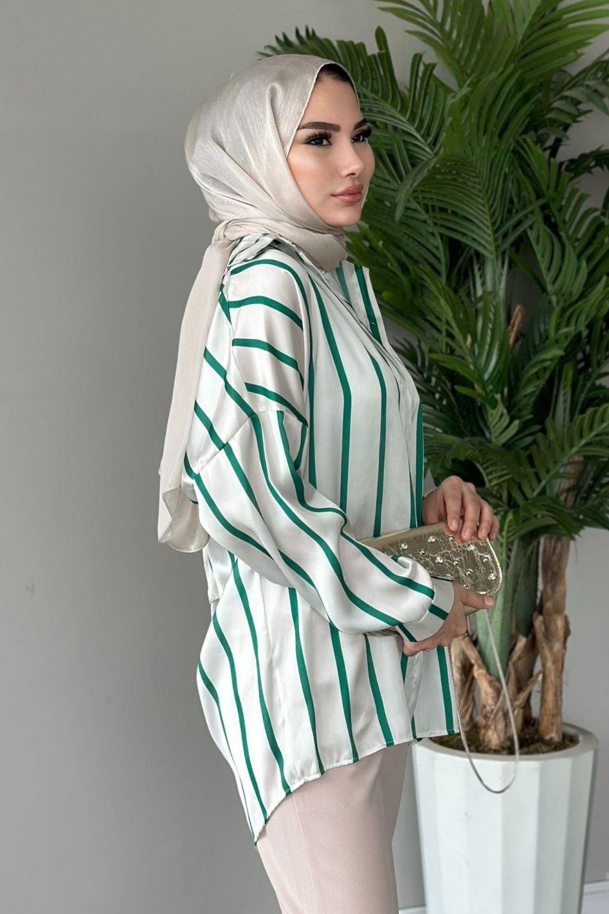 Çizgili Saten Gömlek Yeşil, Fiyatları 