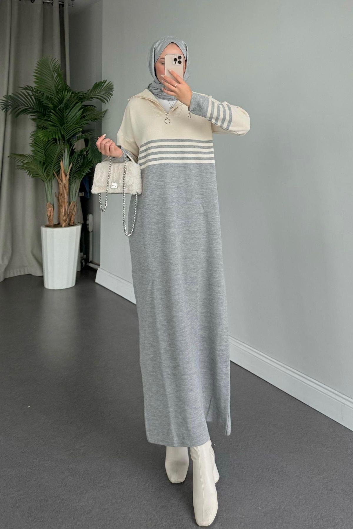 Çizgili Triko Elbise Gri, Fiyatları 