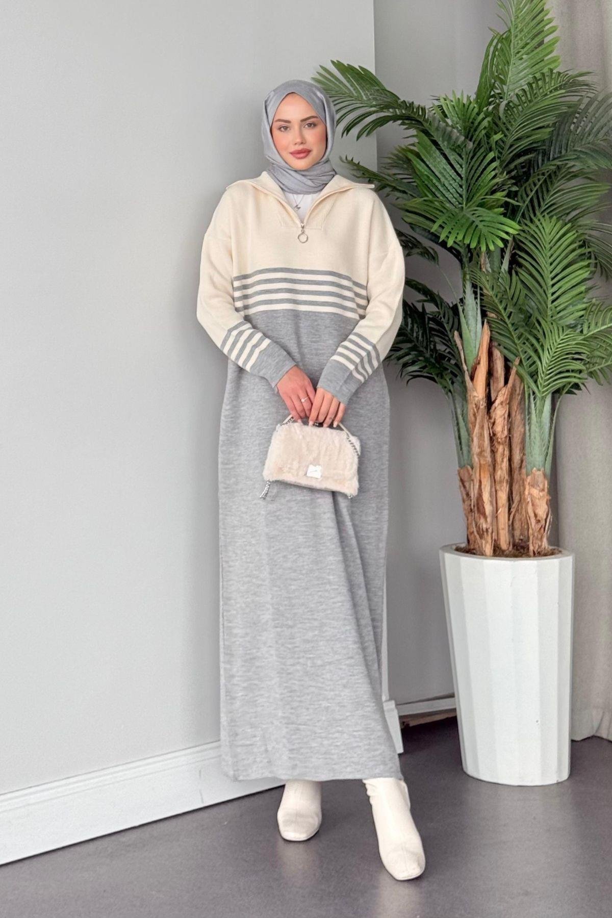 Çizgili Triko Elbise Gri, Fiyatları 