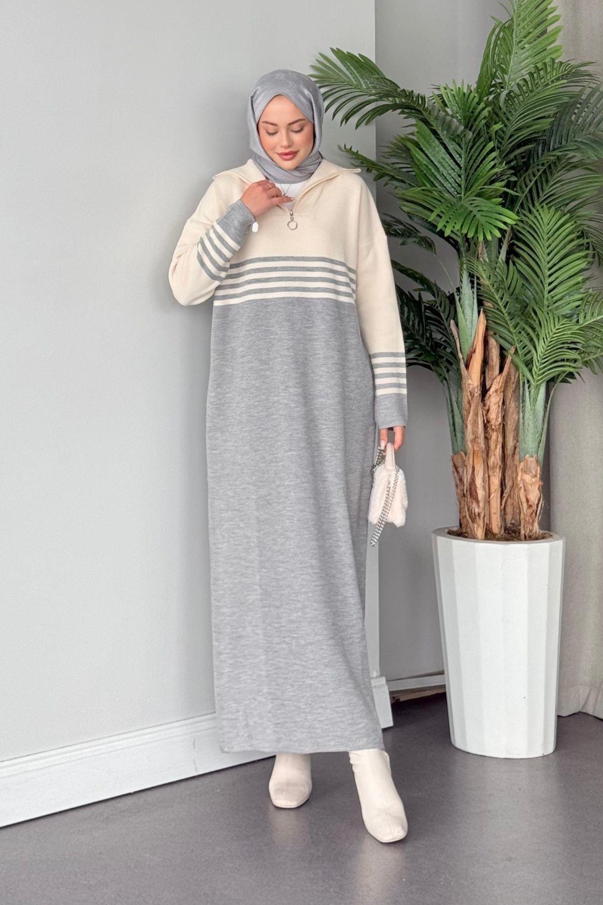 Çizgili Triko Elbise Gri, Fiyatları 