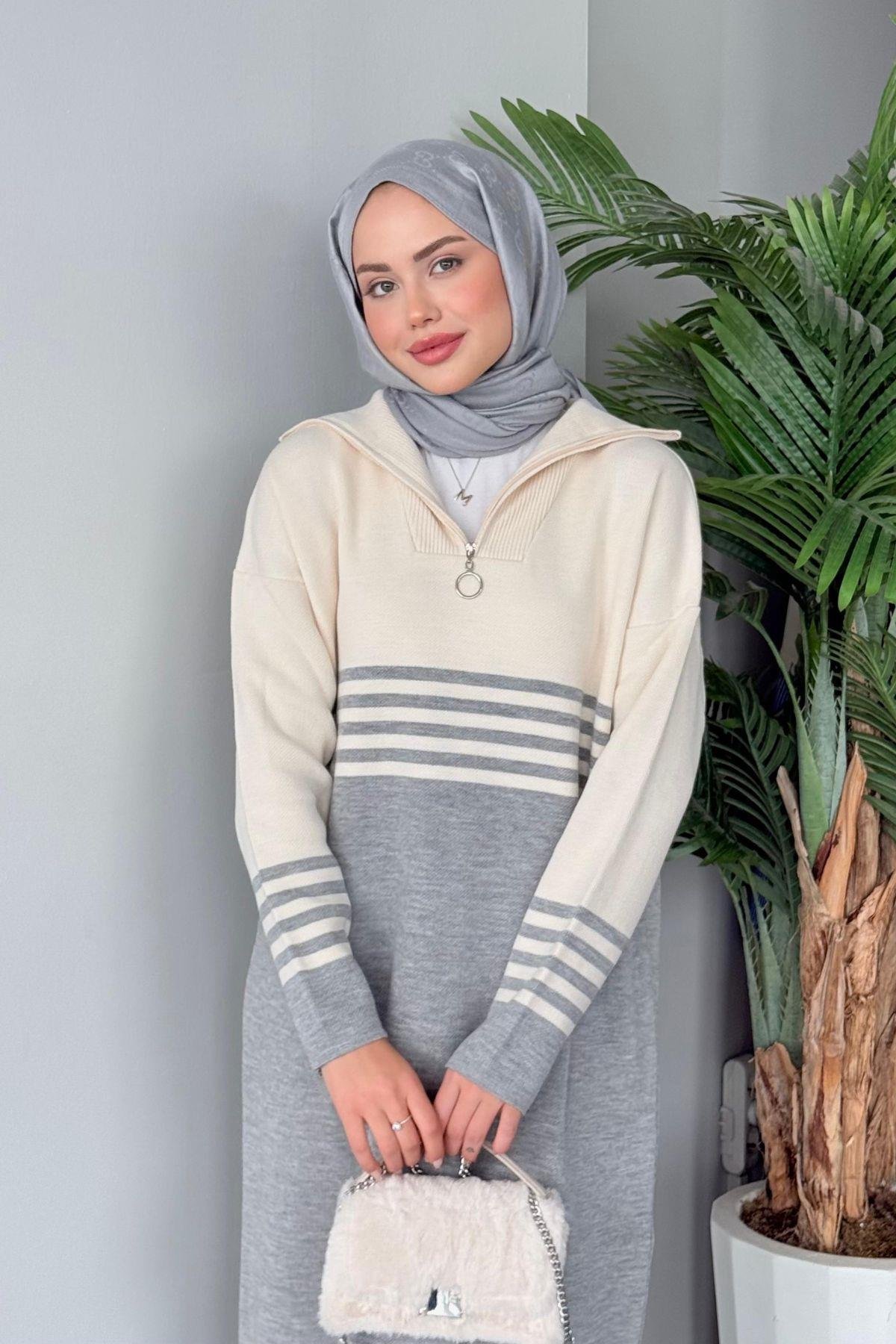 Çizgili Triko Elbise Gri, Fiyatları 