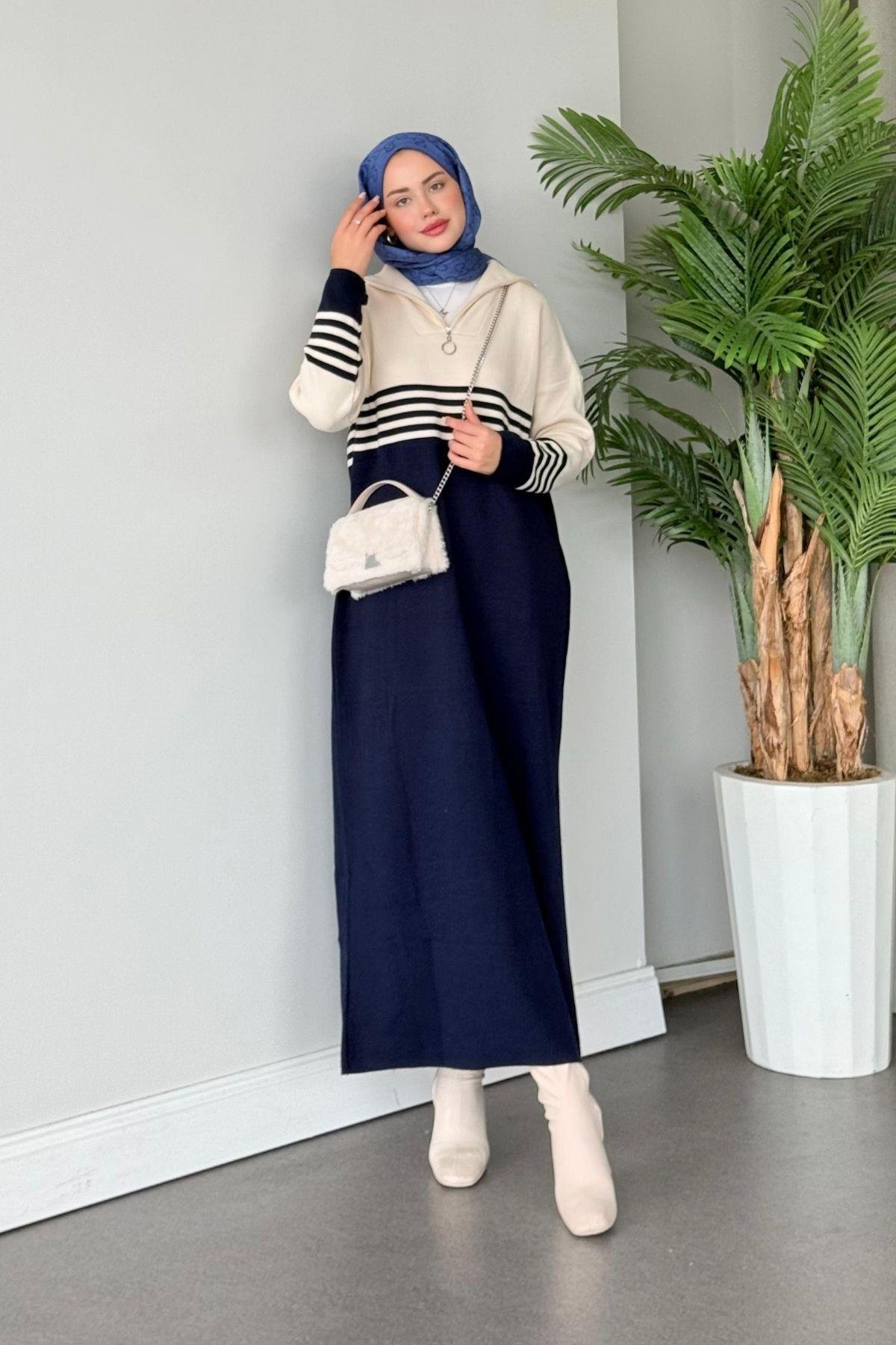 Çizgili Triko Elbise Lacivert, Fiyatları 