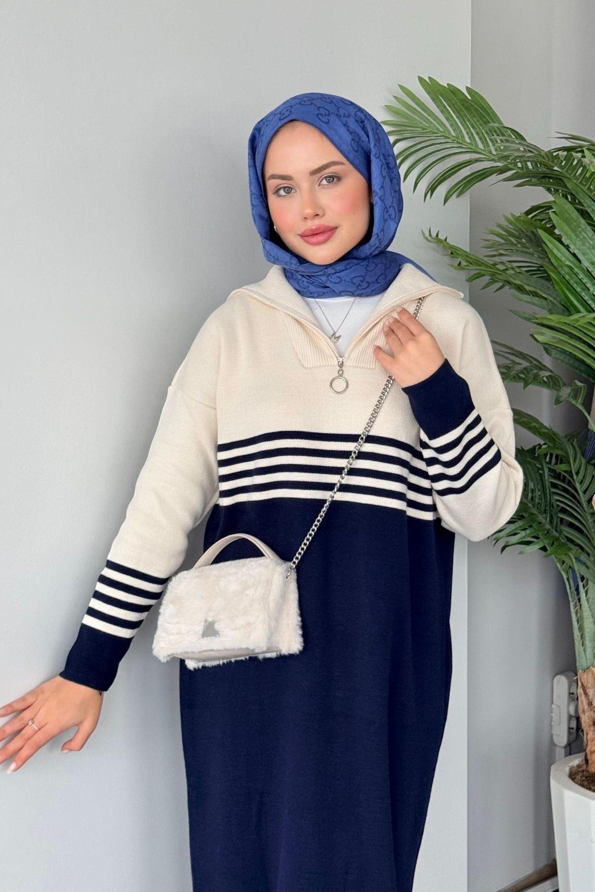 Çizgili Triko Elbise Lacivert, Fiyatları 