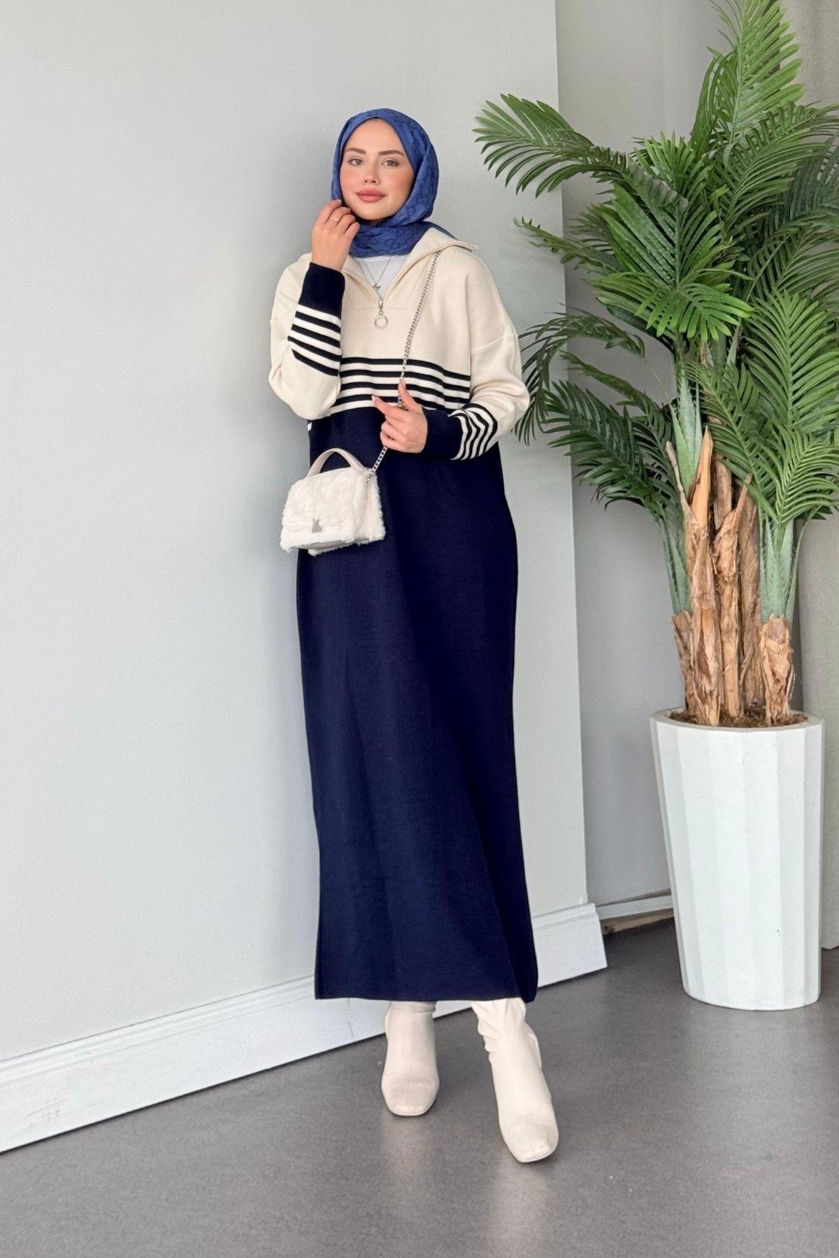 Çizgili Triko Elbise Lacivert, Fiyatları 