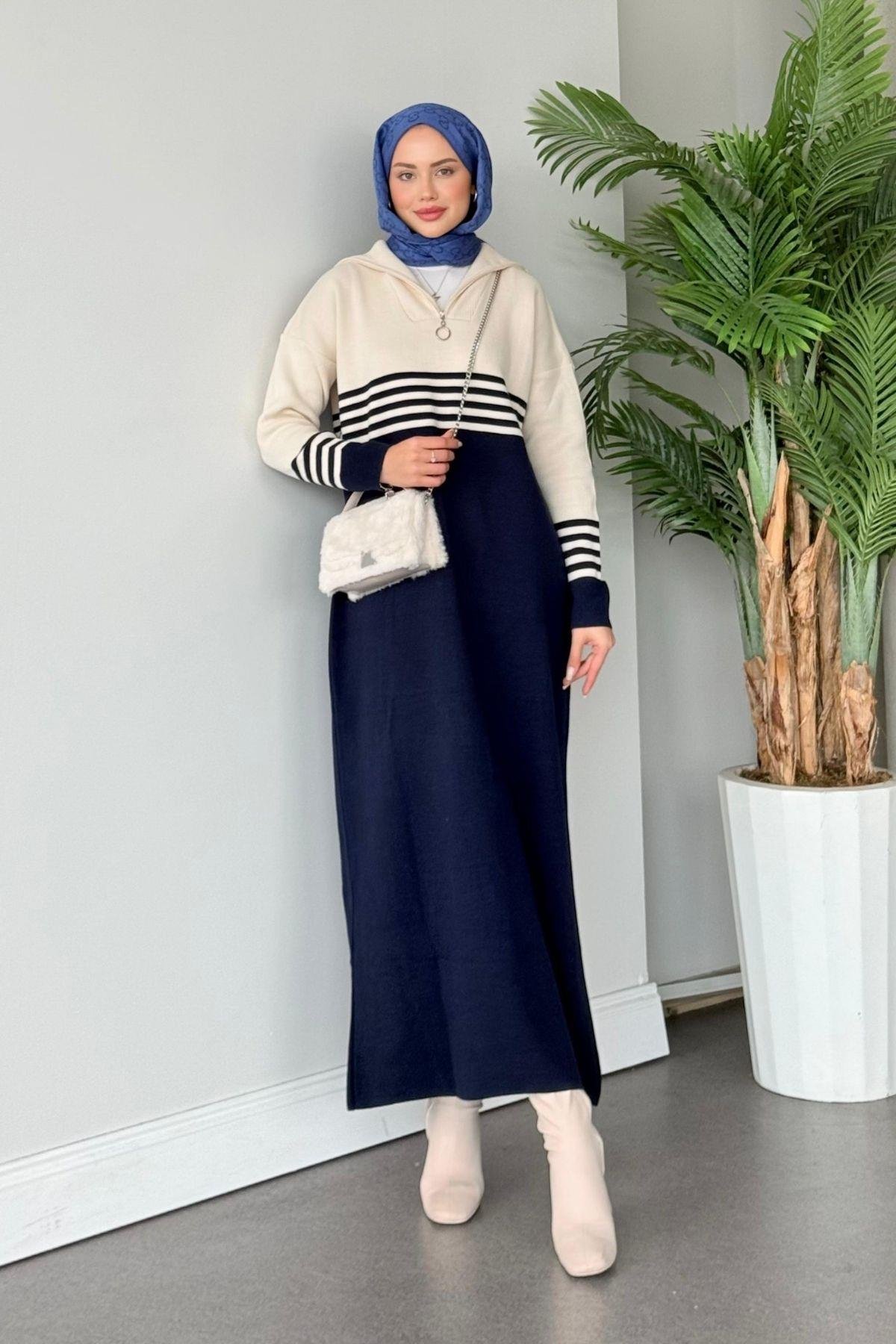 Çizgili Triko Elbise Lacivert, Fiyatları 