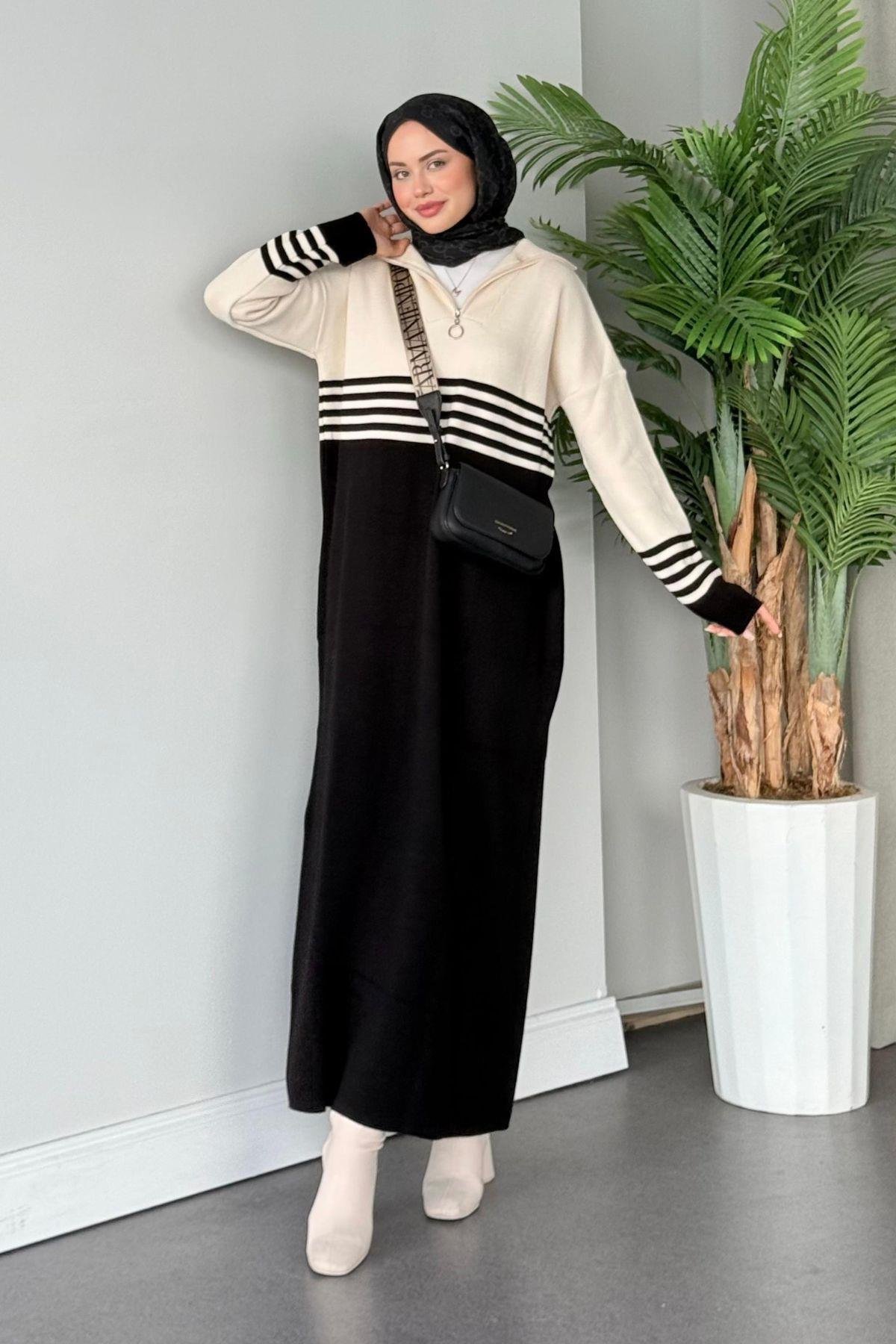 Çizgili Triko Elbise Siyah, Fiyatları 