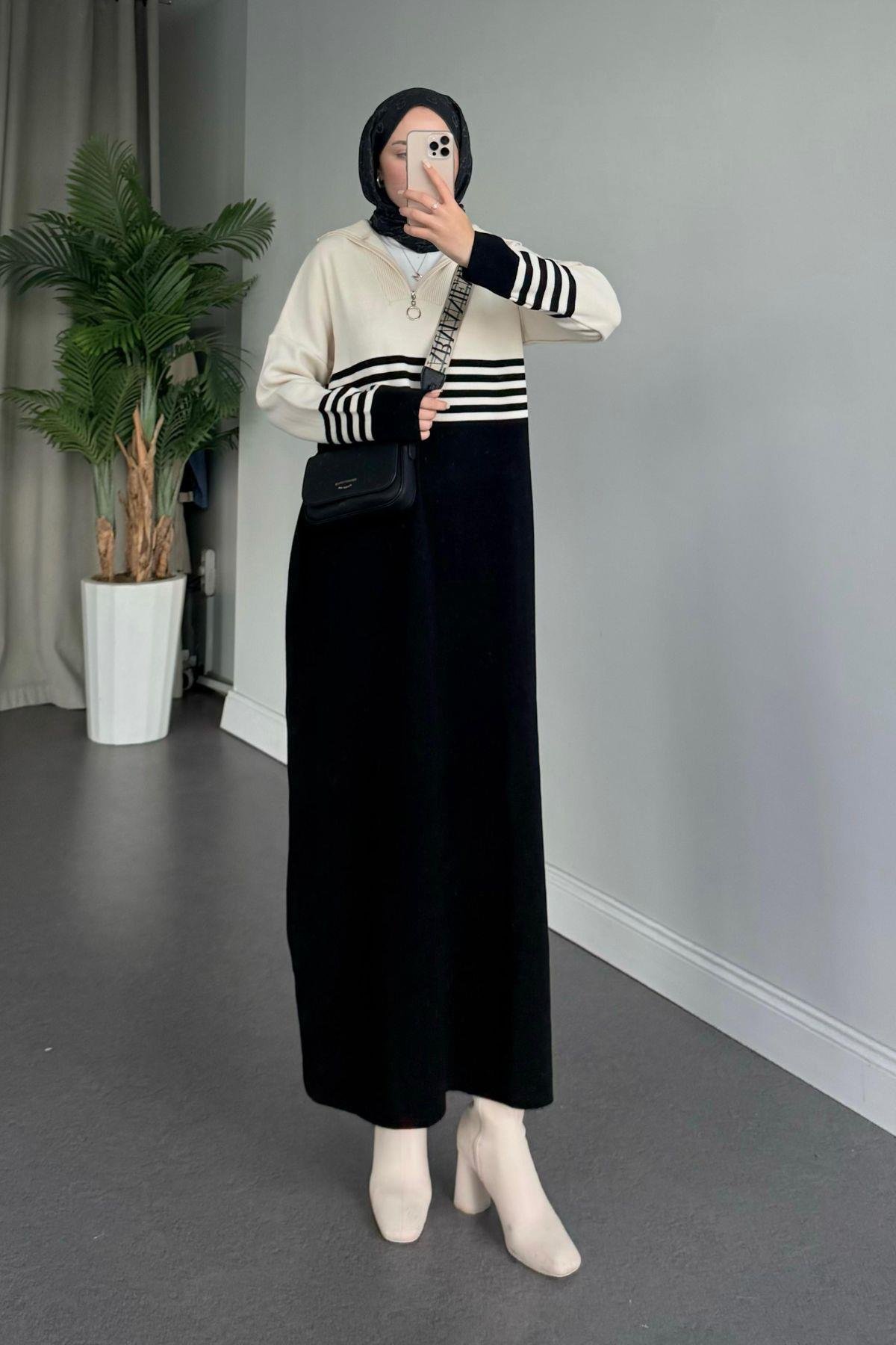 Çizgili Triko Elbise Siyah, Fiyatları 