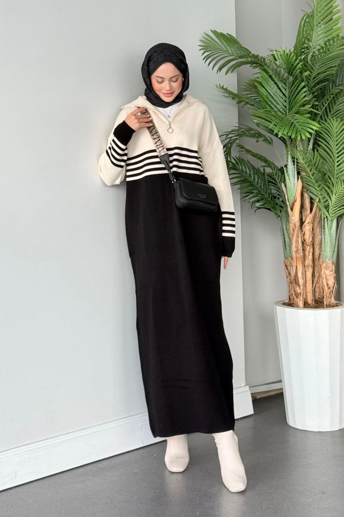 Çizgili Triko Elbise Siyah, Fiyatları 