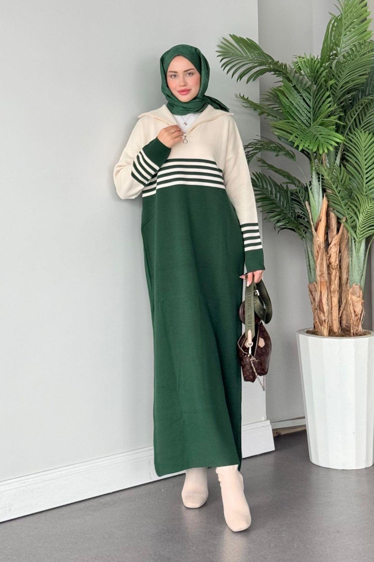 Çizgili Triko Elbise Yeşil, Fiyatları 