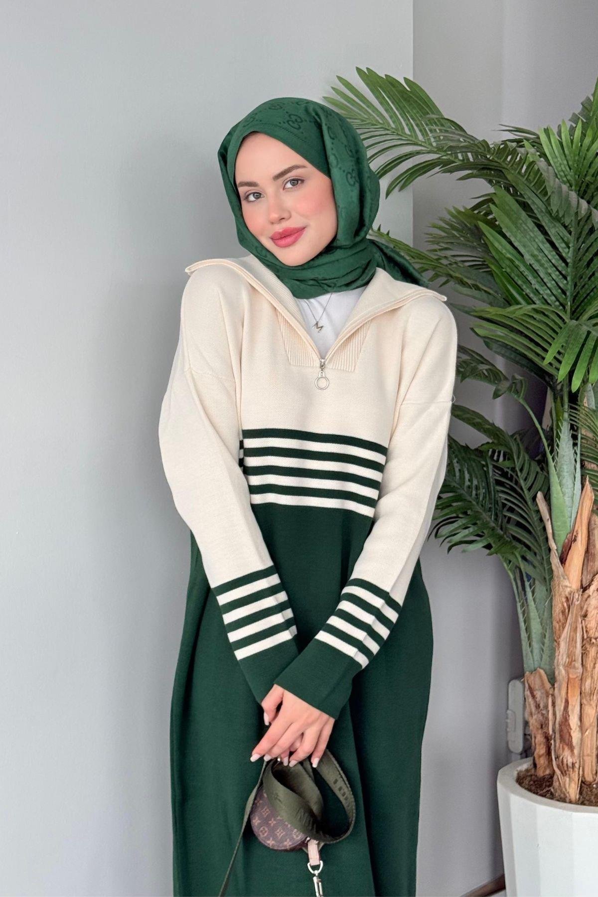 Çizgili Triko Elbise Yeşil, Fiyatları 