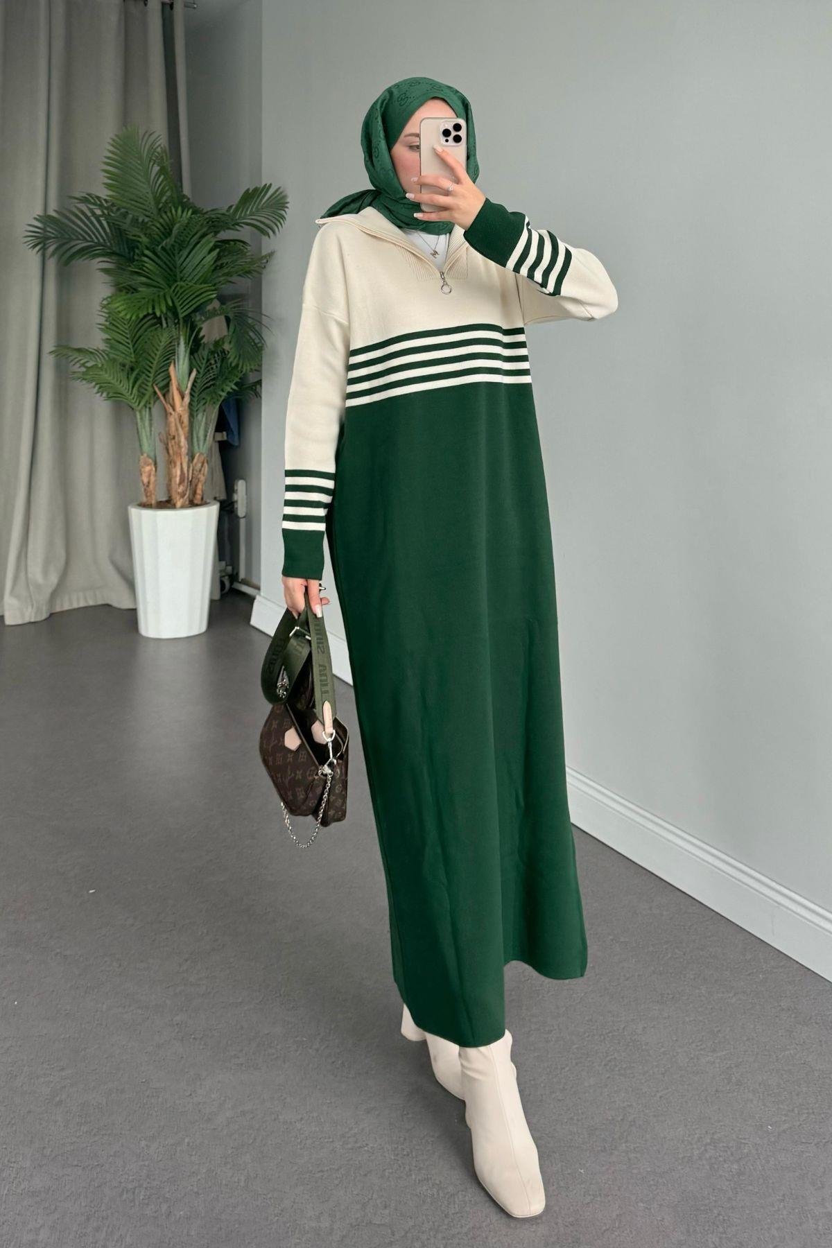 Çizgili Triko Elbise Yeşil, Fiyatları 