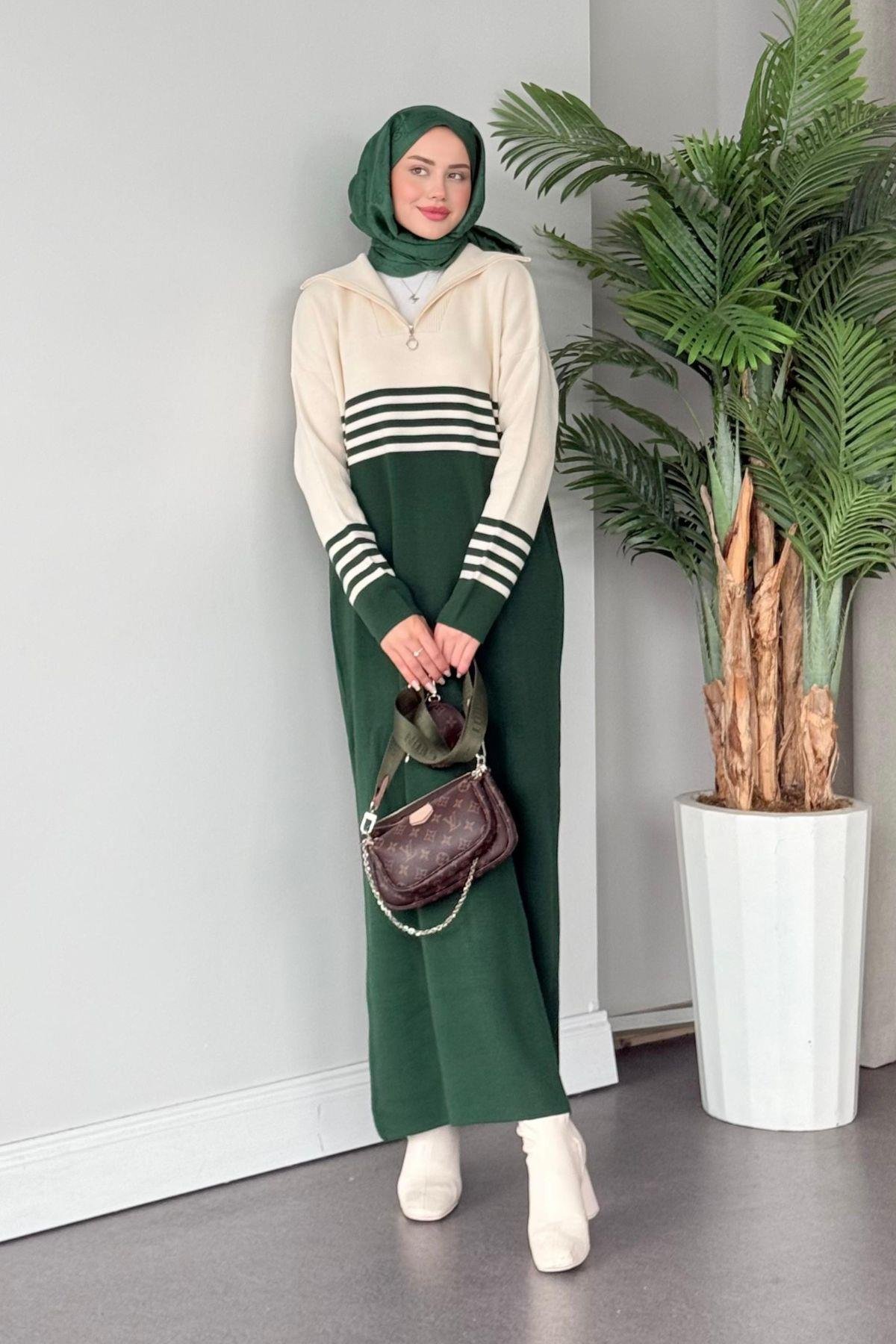 Çizgili Triko Elbise Yeşil, Fiyatları 