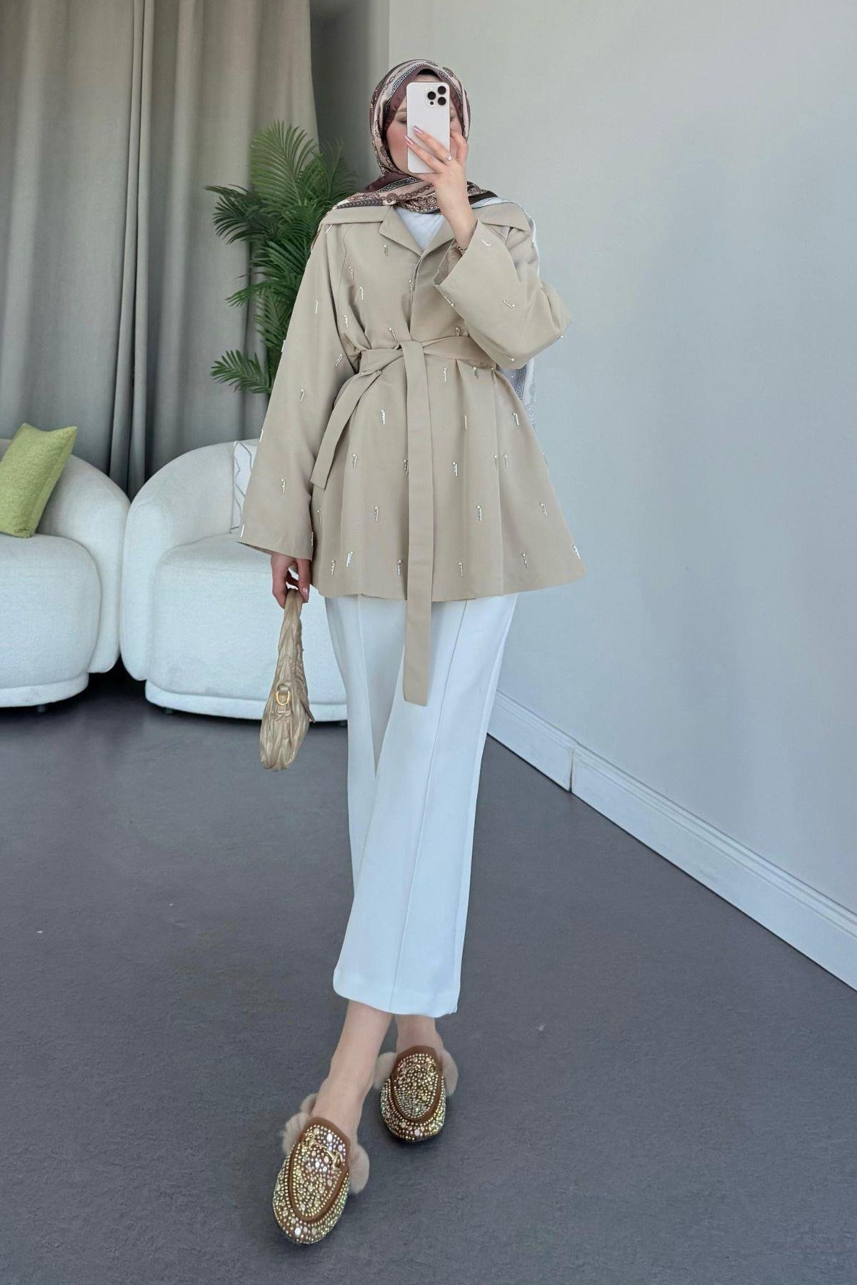 Damla İnci Baskılı Trenç Bej, Fiyatları 