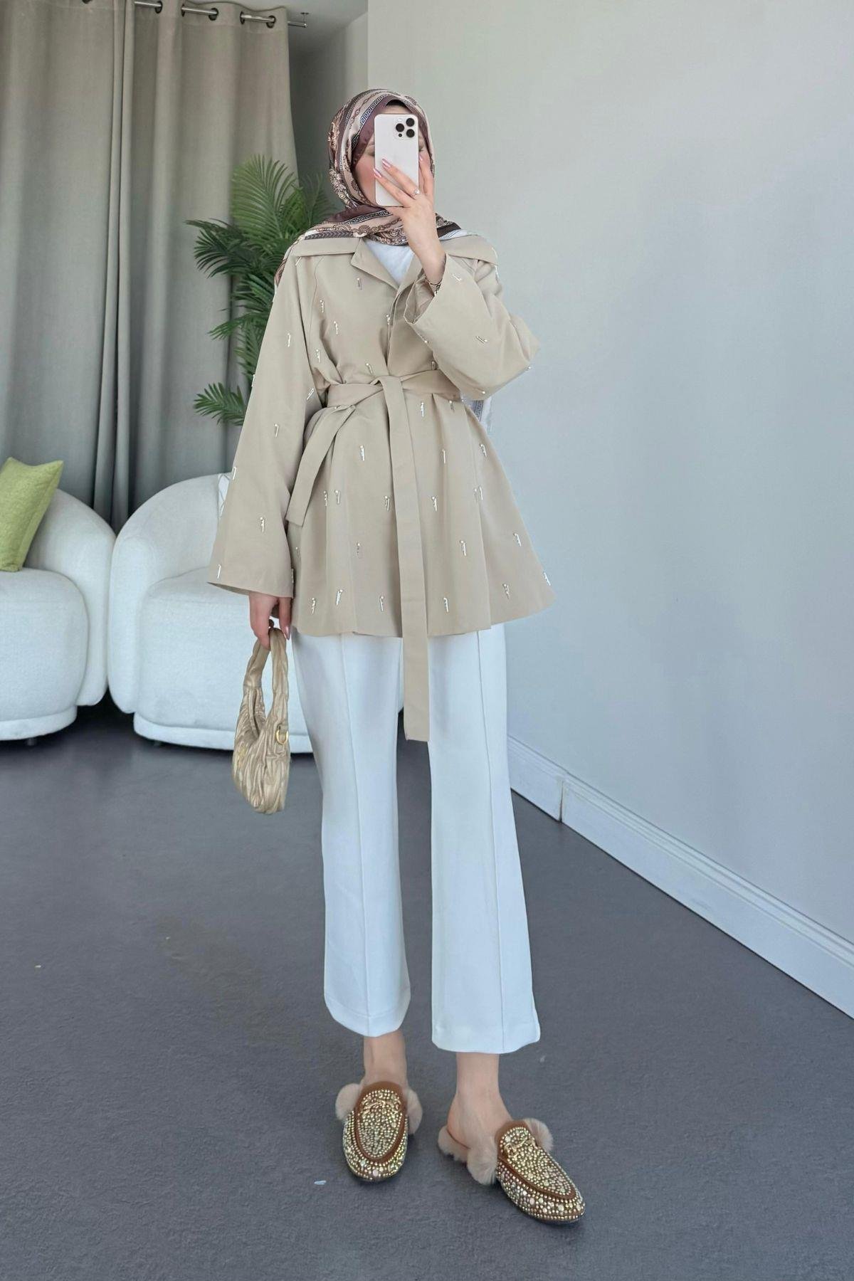 Damla İnci Baskılı Trenç Bej, Fiyatları 