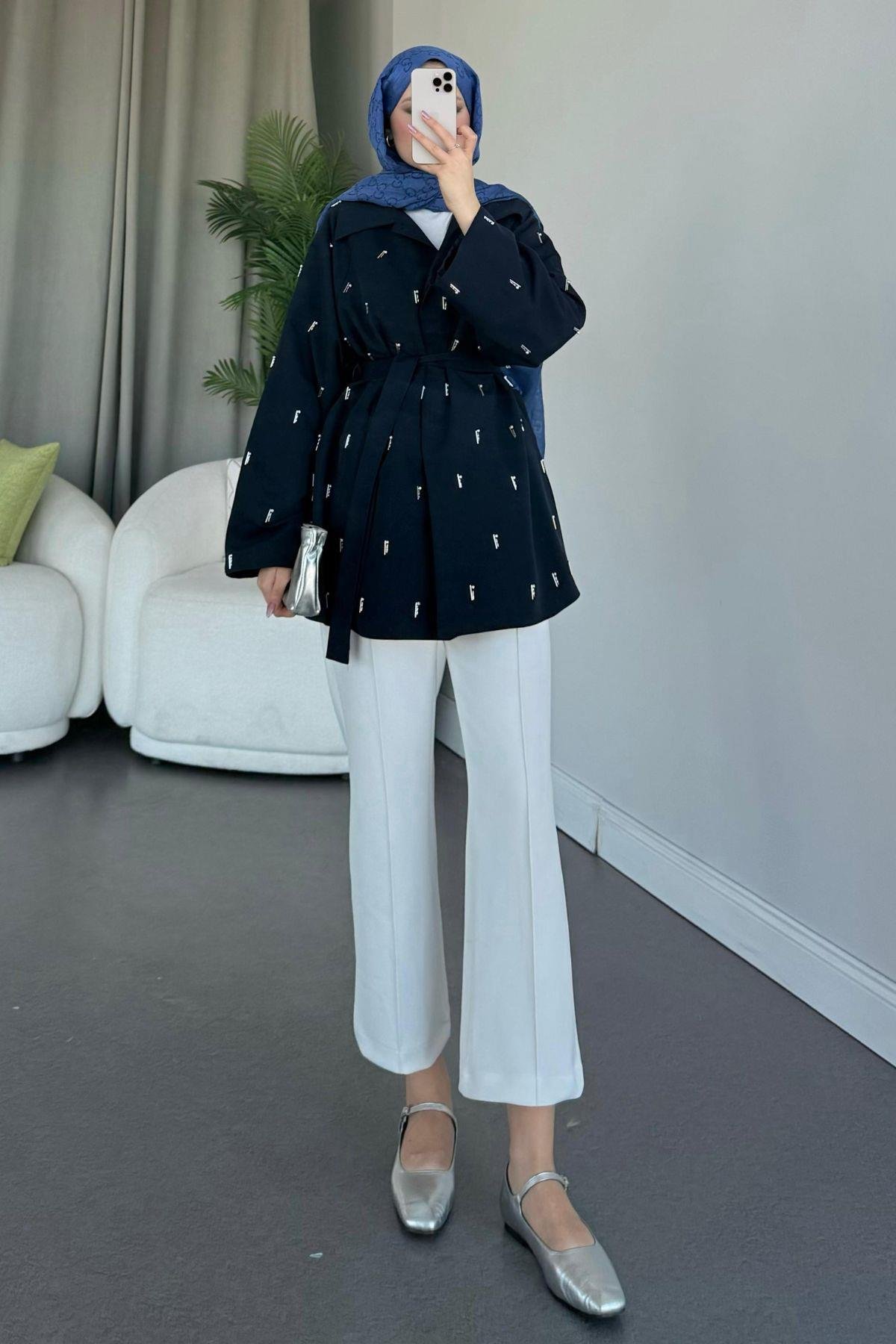 Damla İnci Baskılı Trenç Lacivert, Fiyatları 