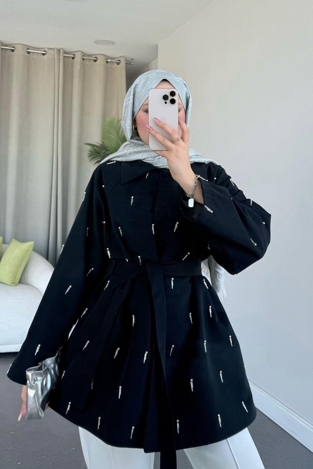 Damla İnci Baskılı Trenç Siyah, Fiyatları 