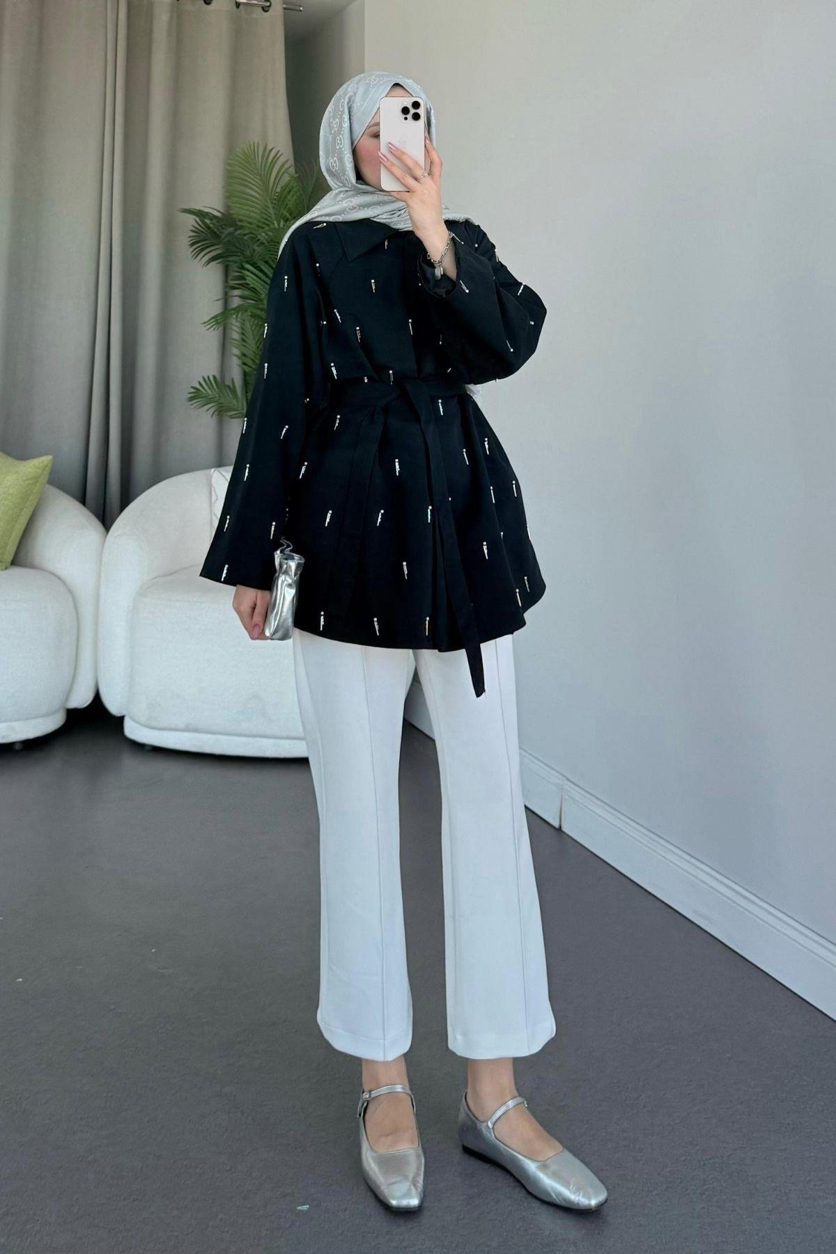 Damla İnci Baskılı Trenç Siyah, Fiyatları 