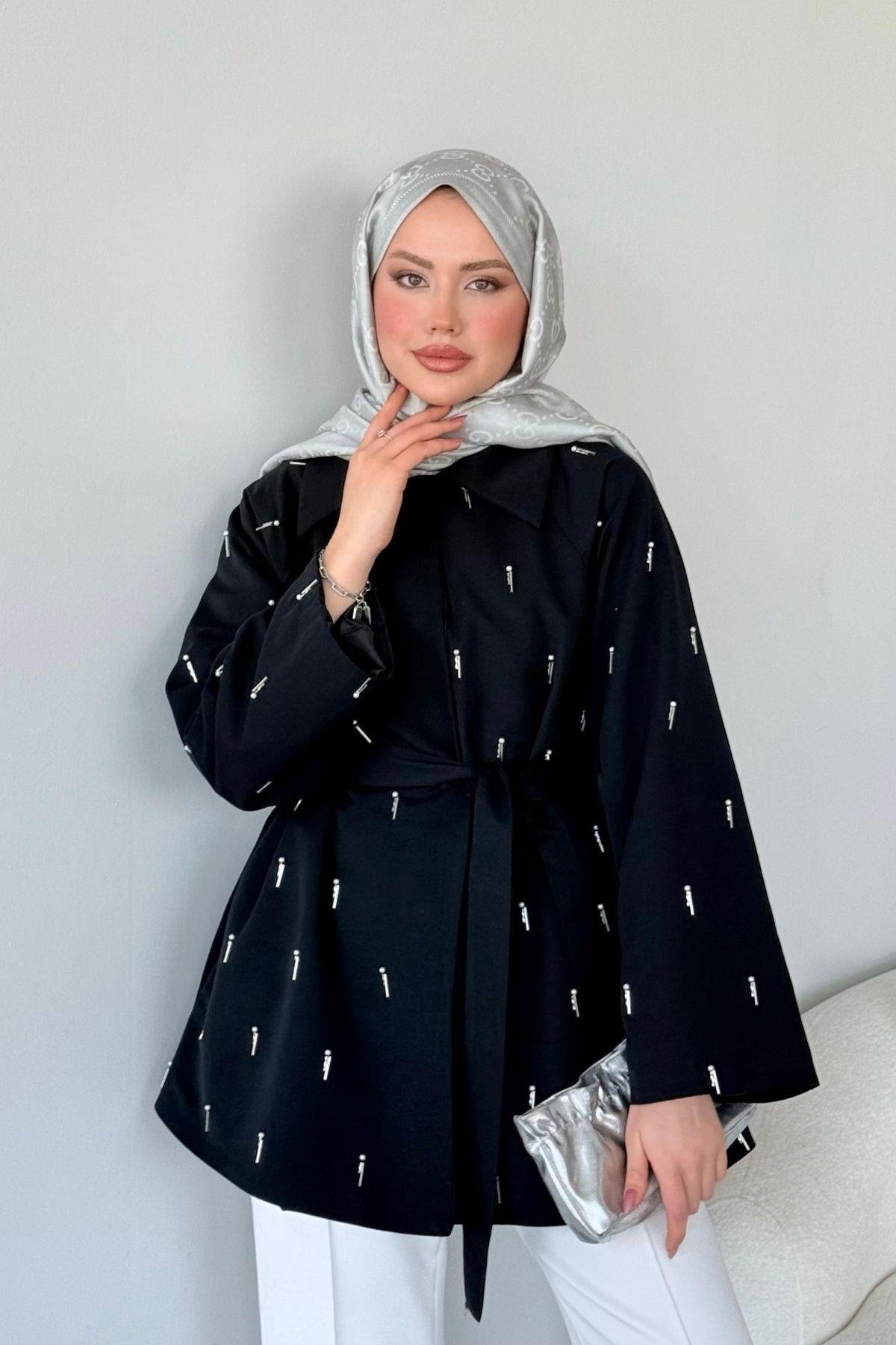 Damla İnci Baskılı Trenç Siyah, Fiyatları 