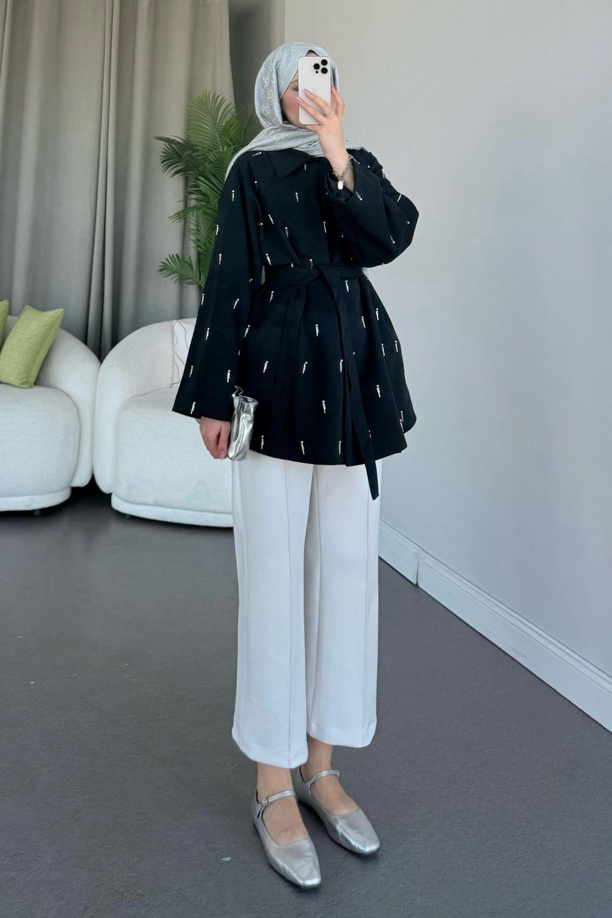 Damla İnci Baskılı Trenç Siyah, Fiyatları 