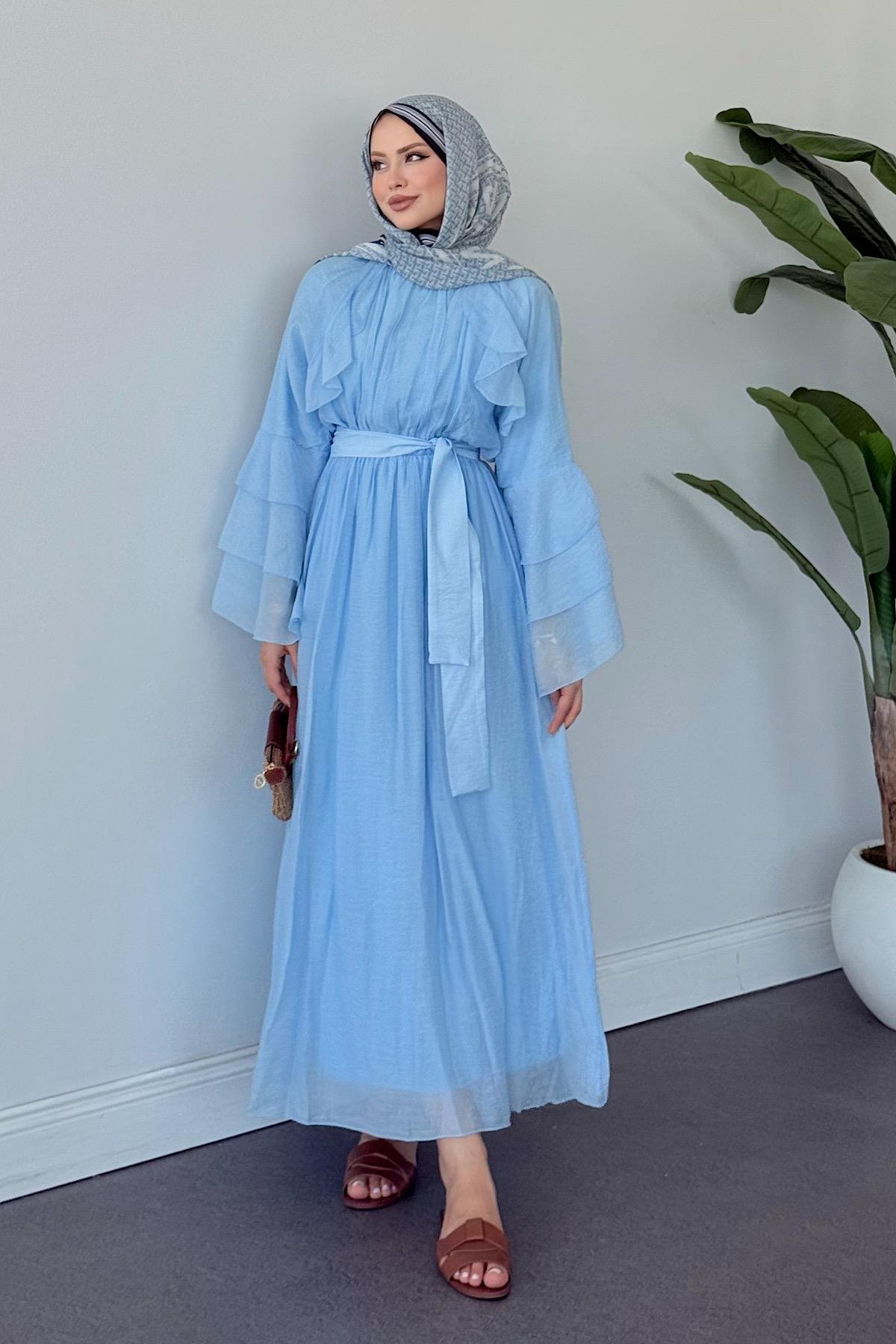 Delux Fırfırlı Pamuk Elbise MAVİ, Fiyatları 