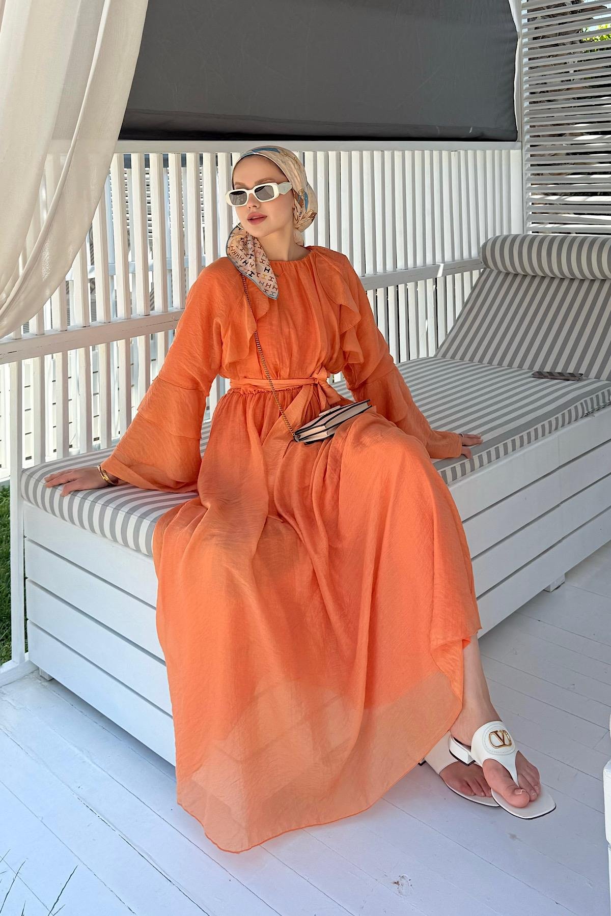 Delux Fırfırlı Pamuk Elbise TURUNCU, Fiyatları 