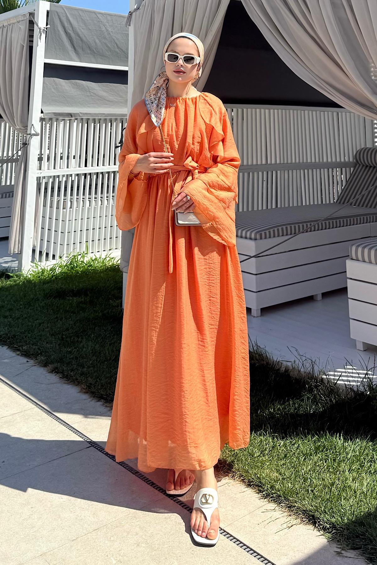 Delux Fırfırlı Pamuk Elbise TURUNCU, Fiyatları 