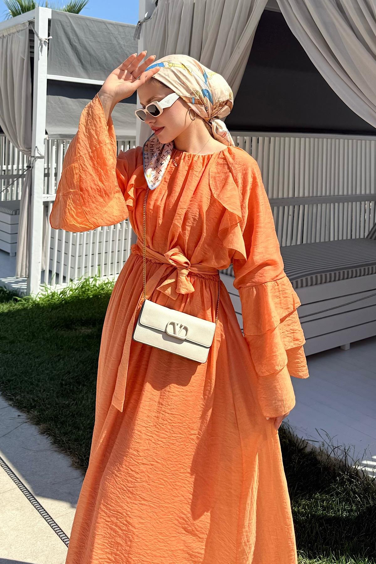 Delux Fırfırlı Pamuk Elbise TURUNCU, Fiyatları 