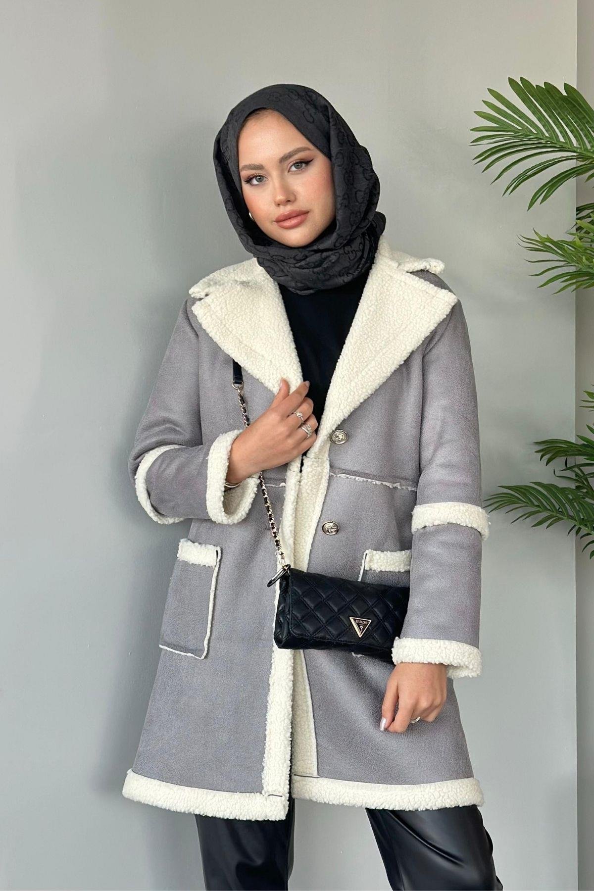 Deri Kürklü Kaban Gri, Fiyatları Haza Moda | Tesettür Giyim | Deri Kürklü Kaban Gri
