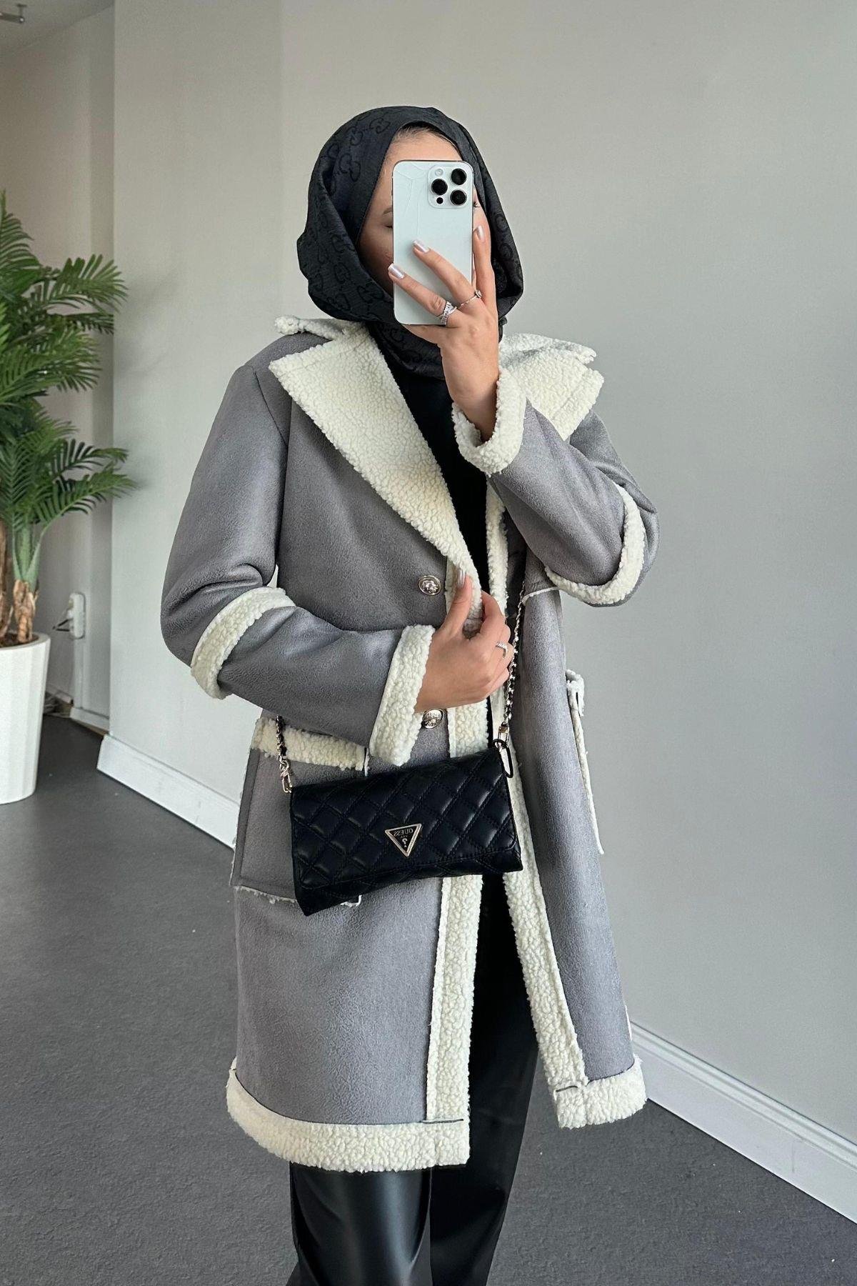 Deri Kürklü Kaban Gri, Fiyatları Haza Moda | Tesettür Giyim | Deri Kürklü Kaban Gri